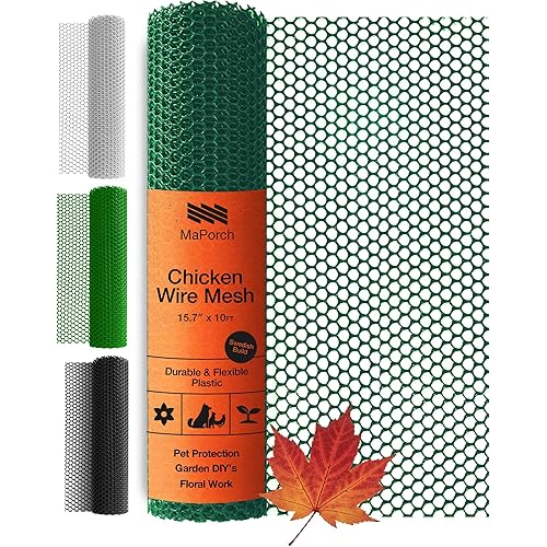 MaPorch Plastic Chicken Wire Mesh Fence - Green Mesh, 15.7 in x 10 ft - Quick-Install Chicken Wire Fencing - Plant Protectors from Animals - Weather-Resistant Garden Netting - Pet & Poultry Netting