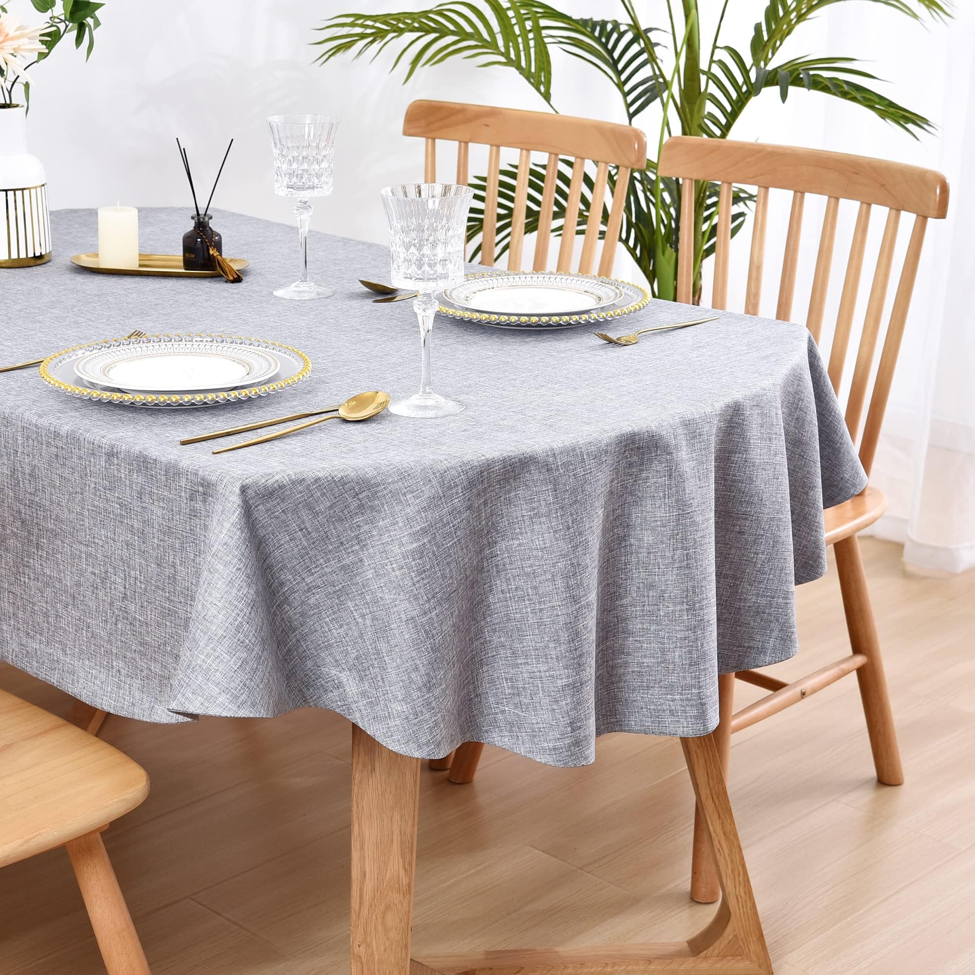 Wolkemer Faux Linen Oval Tablecloth Heavy Duty Wrinkle Resistant Fabric Table Cloths 60 x 84 Inch Grey Farmhouse Rustic Table Cover for Kitchen Dining Indoor Outdoor Tabletop Decoration