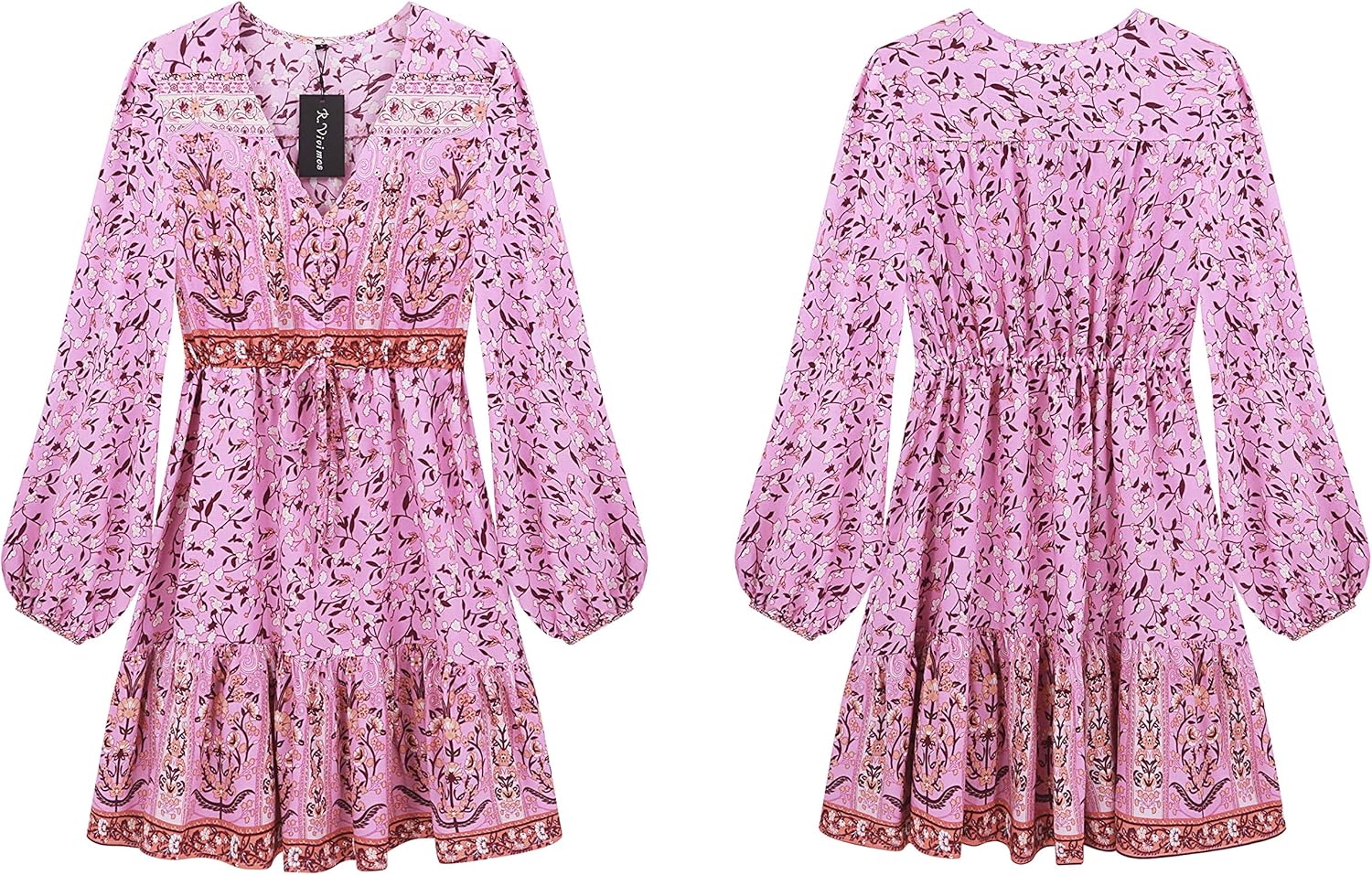 R.Vivimos Women's Cotton Long Sleeves V-Neck Button Up Floral Print Bohemian Flowy Mini Dress - Image 7