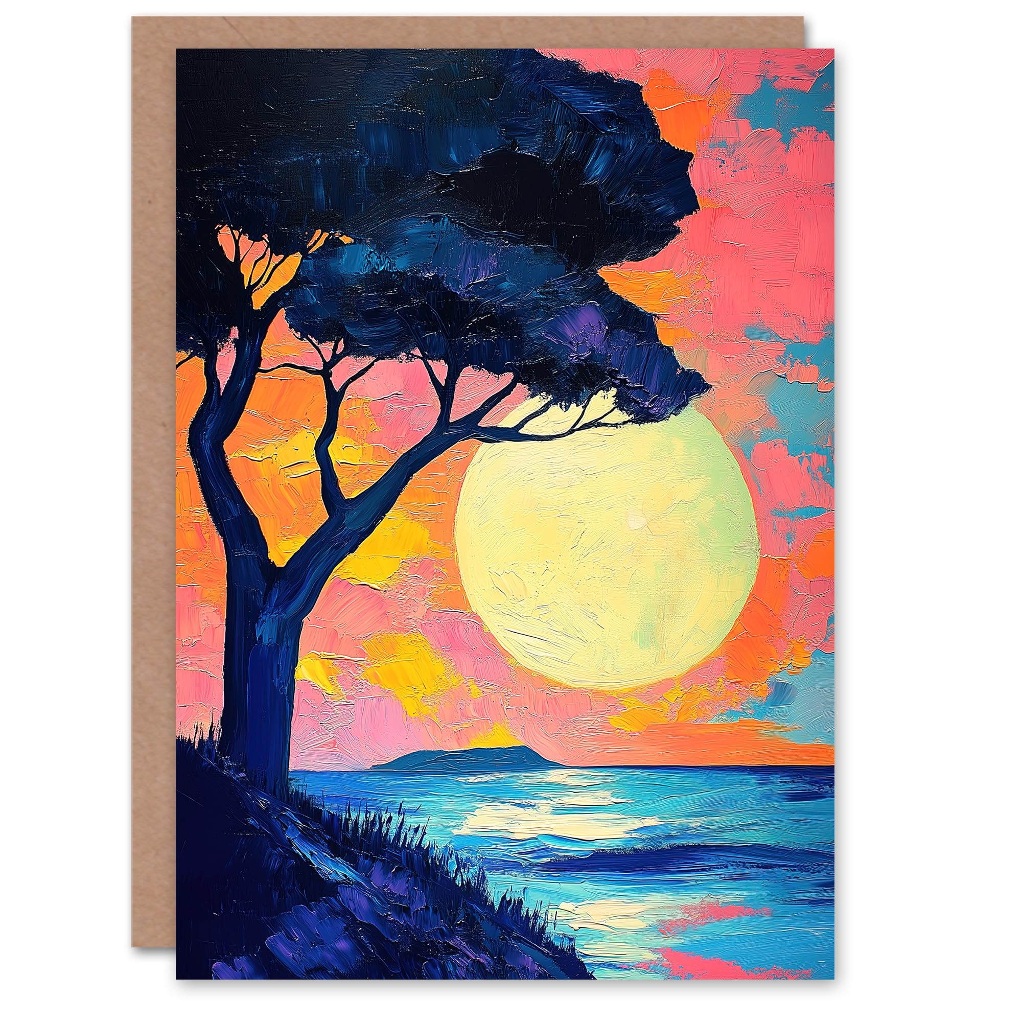 Artery8 Greeting Card Tree Silhouette By Sea Large Sunset Sun Seascape Blank For Him Or Her Art Birthday Card