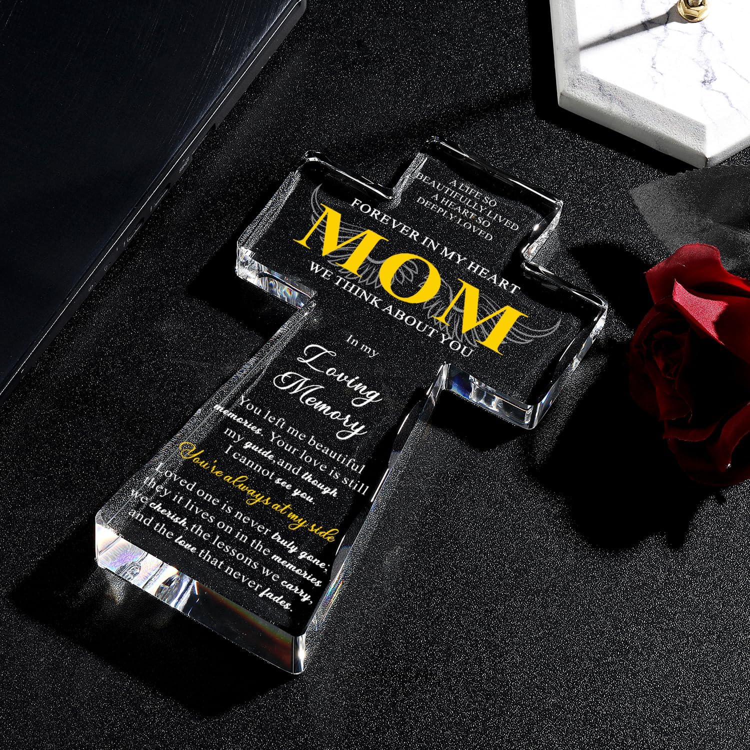 Memorial Gifts for Loss of Mom - Religious K9 Crystal Cross 4.3x7 Inch, Sympathy Gifts for Loss of Mother with Laser Engraving, Condolences Bereavement Remembrance Gift in Memory of Mom