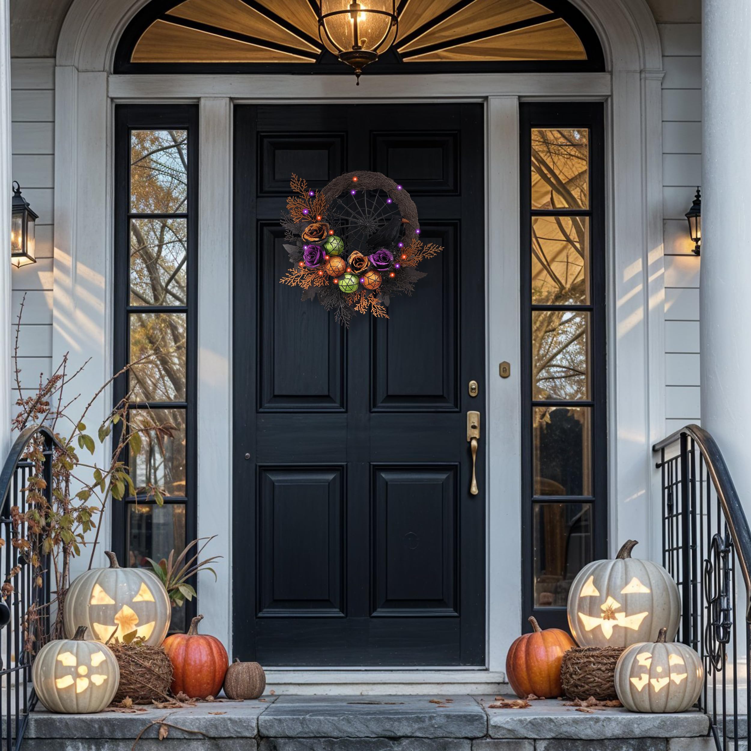 Valery Madelyn Corona de Halloween para puerta delantera con luces, 18 pulgadas, rosas preiluminadas, cuervo, telarañas, adornos de bolas, corona, decoraciones de Halloween para el hogar, centro de