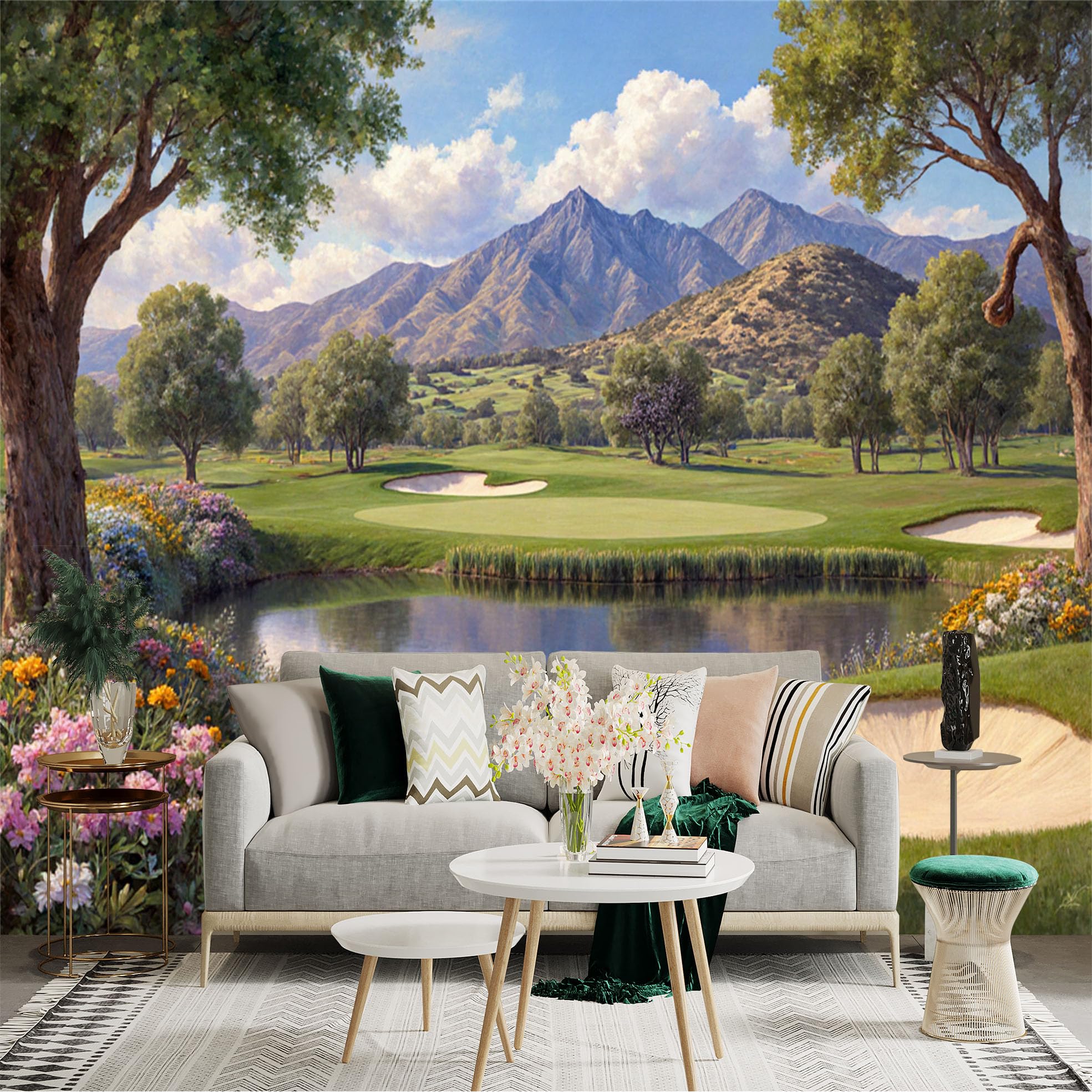 Custom Size Wall Sticker Mural， Scenic Golf Course with Lake and Flowers， Lush Mountain Landscape， for wall Decoration， peelandstick wall Decals.