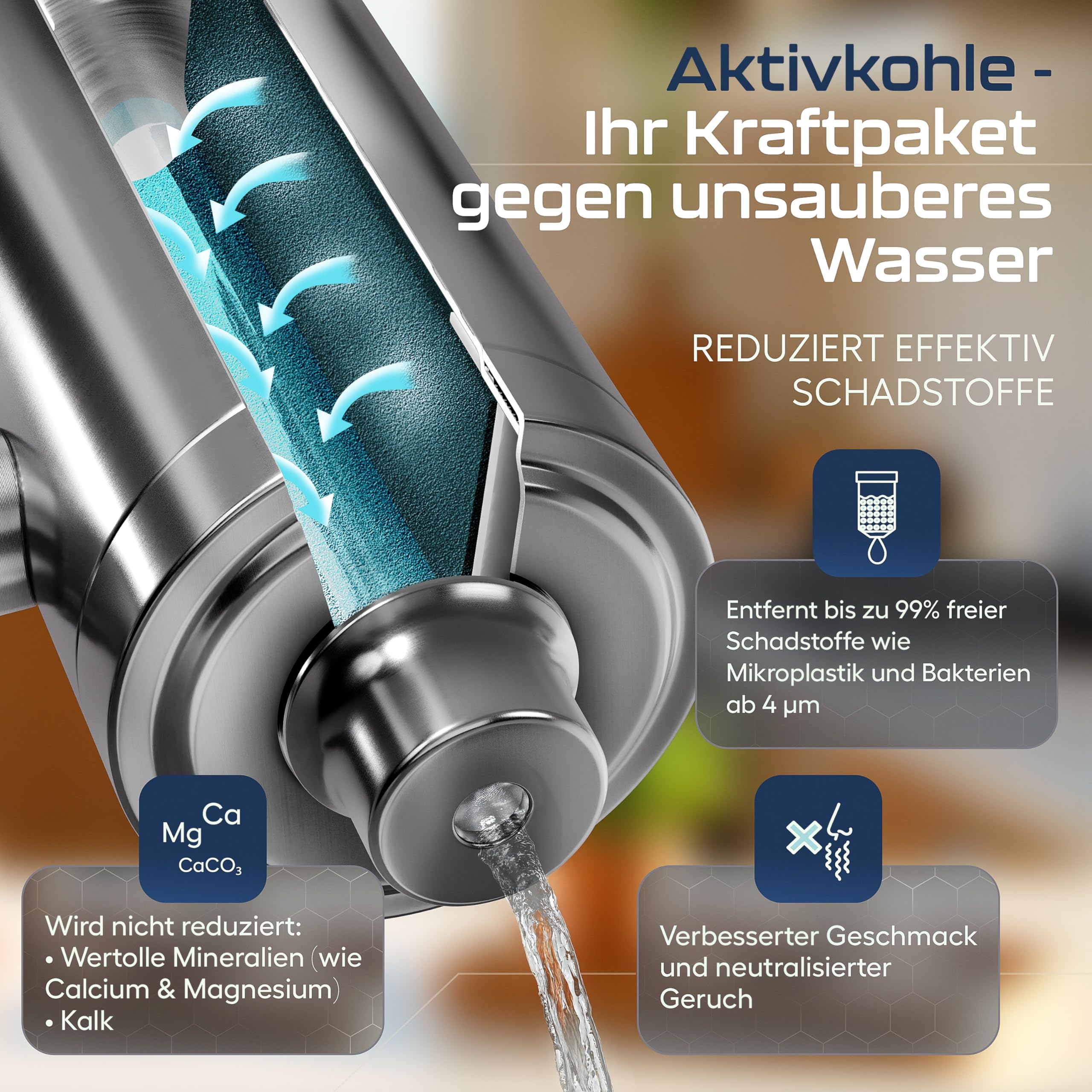 VILTARO® Wasserfilter Wasserhahn mit Kalkschutz – nur 2 Cent/Liter Trinkwasser, BPA-frei, Edelstahl, wassersparender Strahlregler, Aktivkohle | Filter Wasserhahn, Wasserhahnfilter für Trinkwasser