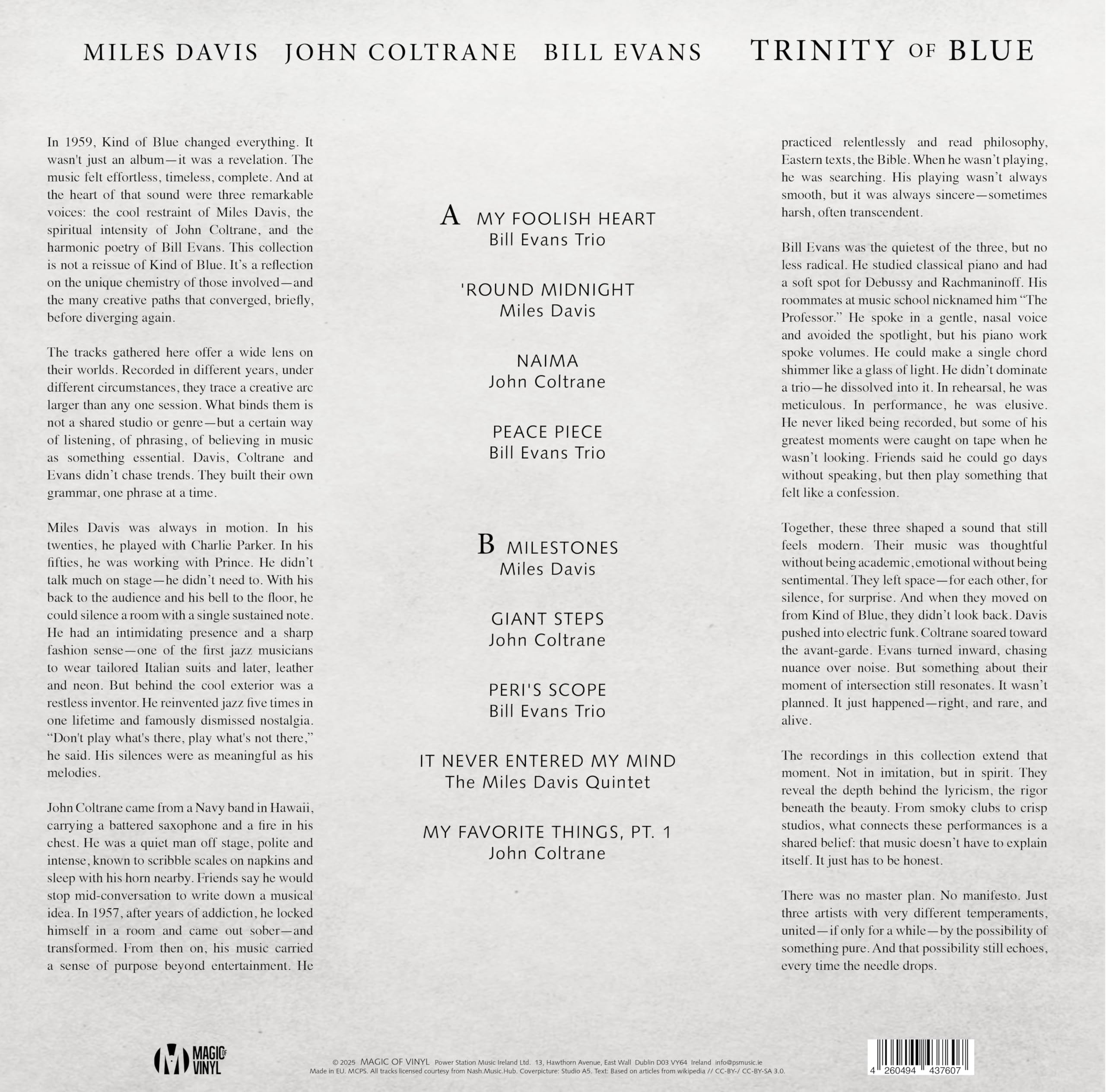 Trinity Of Blue - John Coltrane, Miles Davis, Bill Evans - Limited Color Edition Kind of Blue Era Jazz Compilation, Cool Jazz & Modal Jazz, Audiophile Collector's
