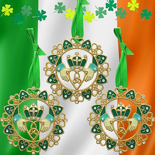Miniatura 3 de Adorno de Navidad irlandés, juego de 3, diseños de Claddagh dorados con joyas y esmalte, caja de regalo con poema irlandés, bolsa de