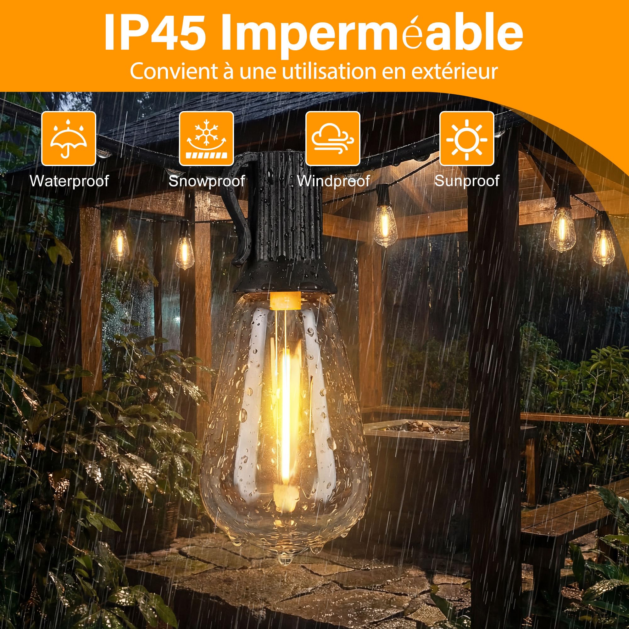 HeiPard Guirlande Lumineuse LED d'extérieur 10m – 15+1 Ampoules ST38, avec Télécommande, 3 Modes, Minuterie et intensité variable, étanche pour jardin, pavillon, terrasse