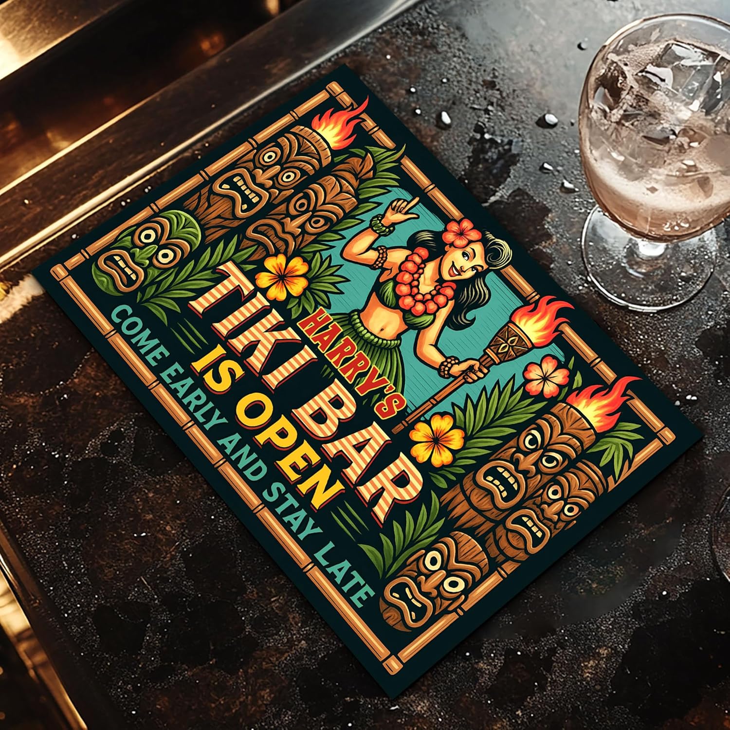 Personalized Tiki Bar Mat for Tiki Bar Decorations, Dish Drying Mat Rubber Backed Absorbent Tropical Tiki Totem Pattern, Countertop Accessories (05)