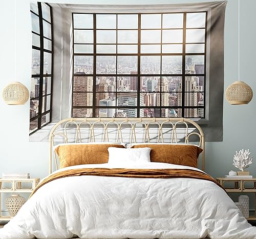 Miniatura 5 de Ambesonne Tapiz moderno, vista urbana a la ciudad de apartamentos desde ventanas de forma cuadrada, para colgar en la pared ancha para dormitorio,