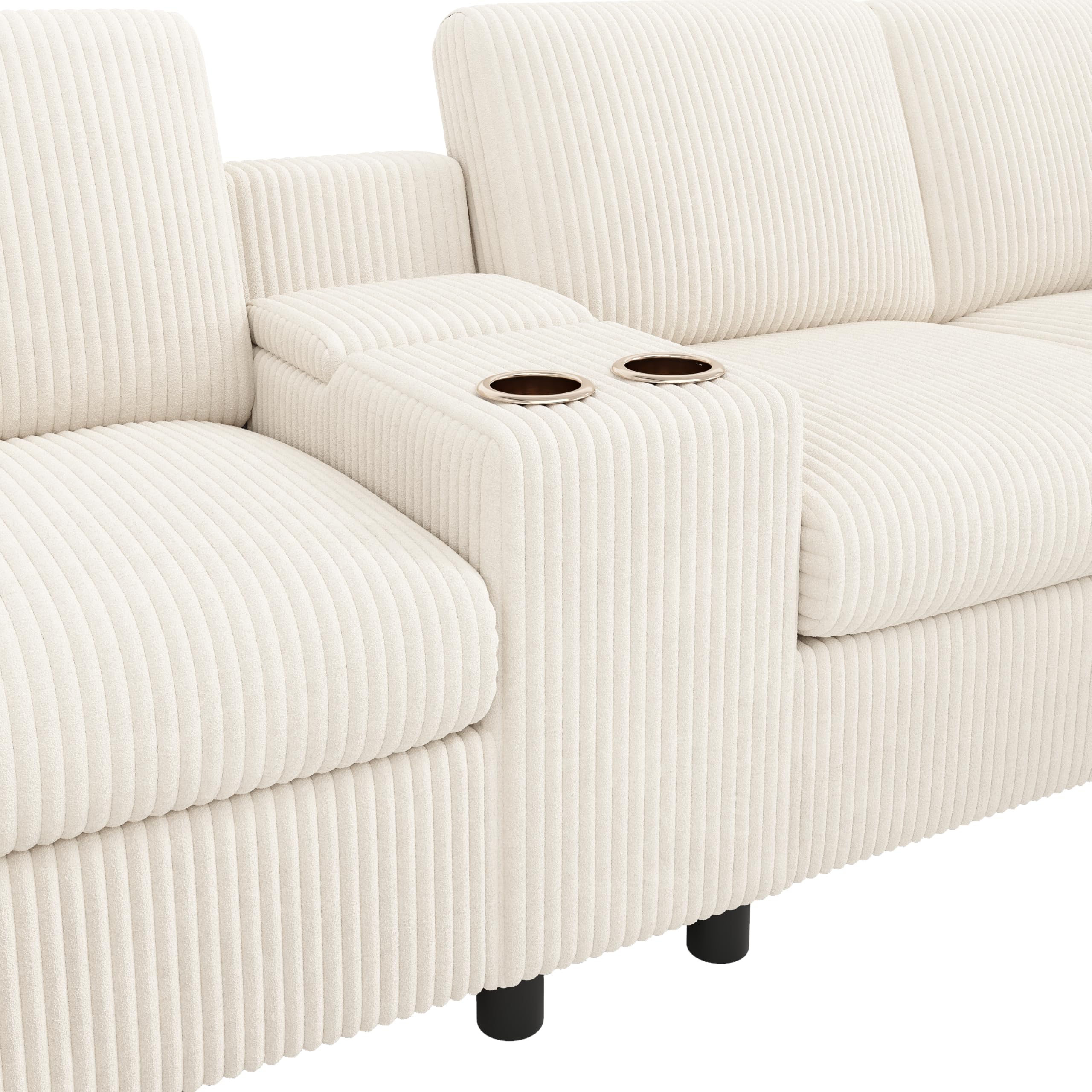 Divano a forma di U in Corduroy, beige, 140 x 320 cm, con 2 poggiapiedi con funzione di stoccaggio, tavolino da caffè, 2 portabevande