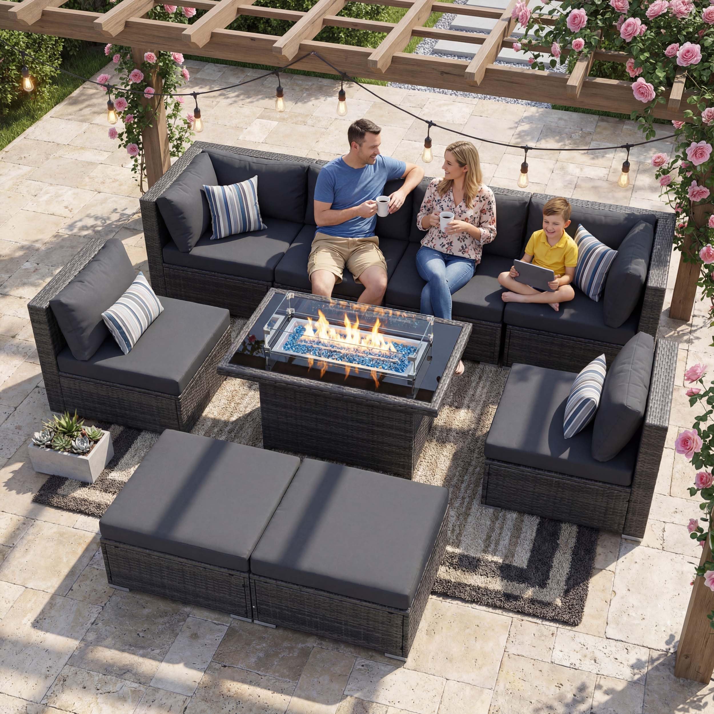 NICESOUL 8 Seater Outdoor Patio Furniture Sectional Sets with Firepits Table Natural Gas Propane, 29.3'' High Back Comfy Wicker Conversation, 9 Piece