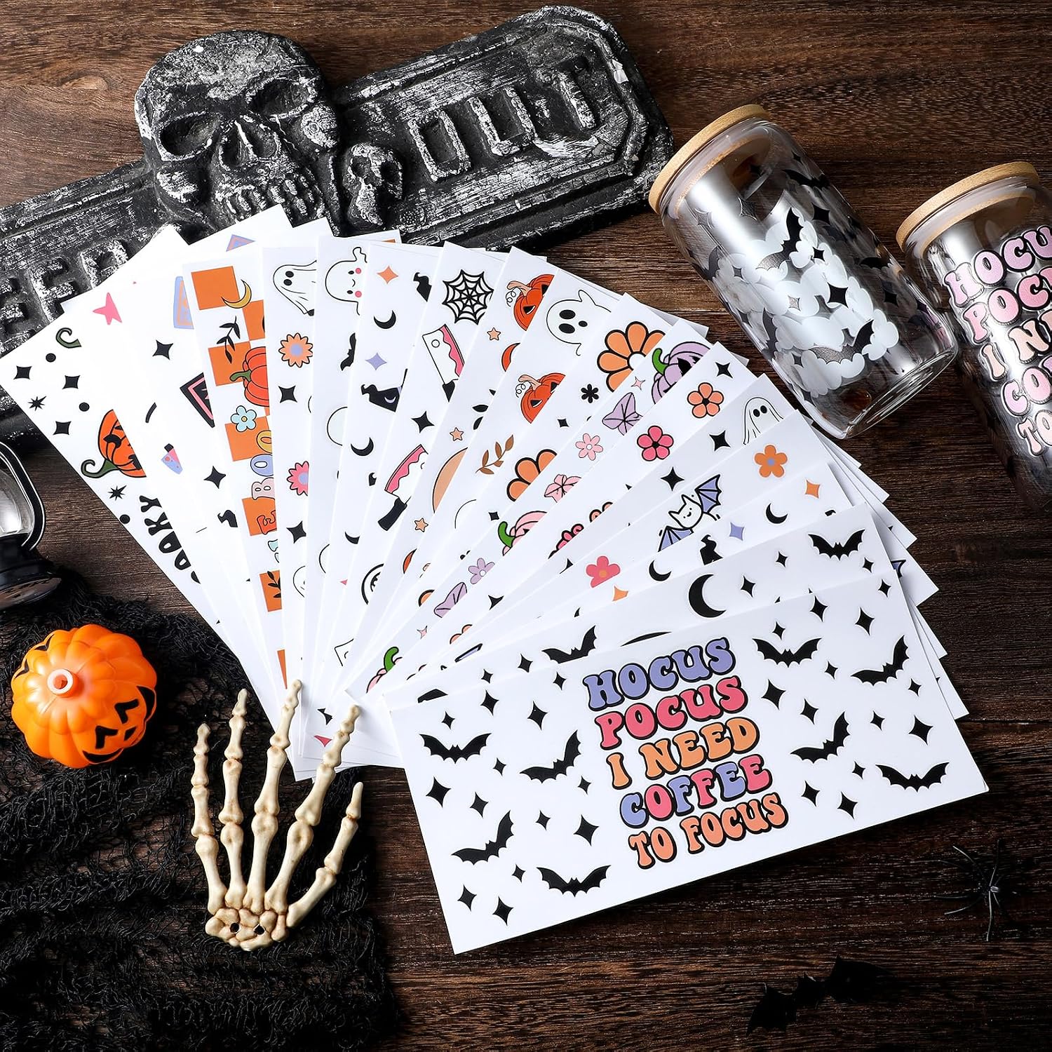 Motiskyy 18 Sheets Halloween Ghost UV Dtf Cup Wrap Transfer for Glass 16 oz Cute Halloween Cups Stickers Ghost Pumpkin Witch Waterproof Rub on Transfers Bat Mug Sticker Decal for Cup Crafting DIY
