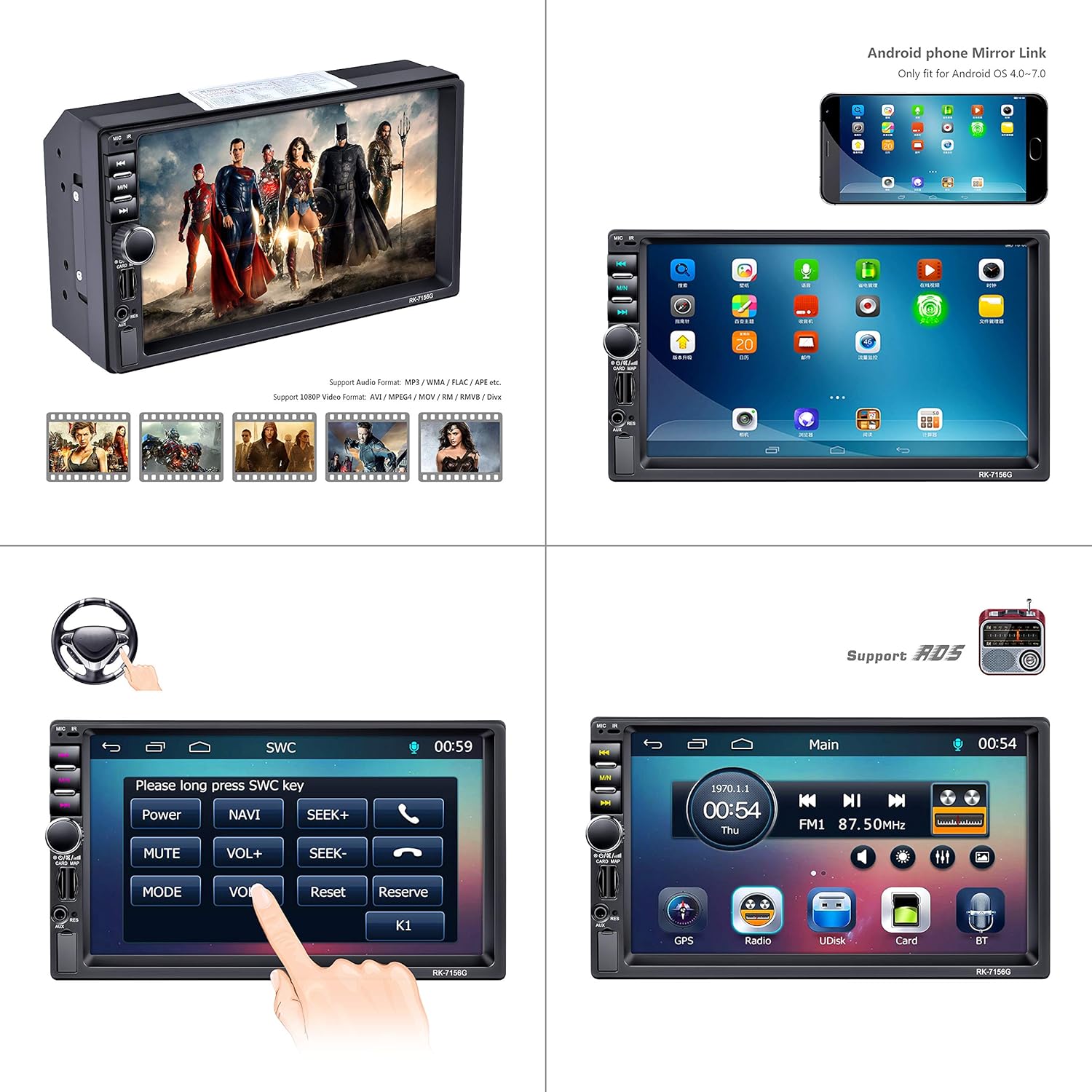 Collage of LSLYA Dual 2 Din Car Stereo features: video playback, Android phone mirror link, steering wheel control setup, and main menu interface.