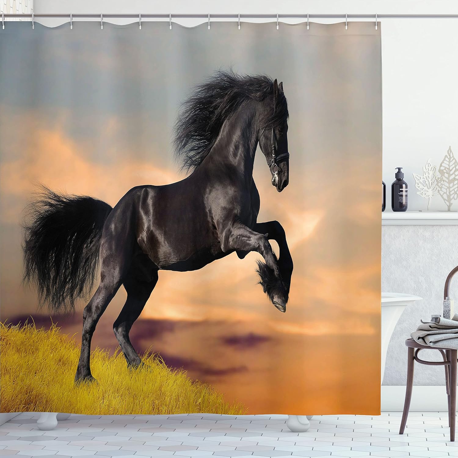 Ambesonne Horse Shower Curtain, Western Wildlife Theme Friesian Horse Galloping Idyllic Sunset Scenery Pasture Nature, Cloth Fabric Bathroom Decor Set with Hooks, 69" W x 75" L, Black Bluegrey