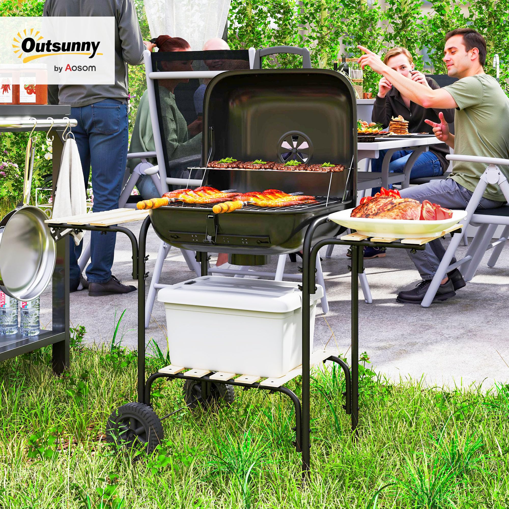 Outsunny Grill węglowy ze stali, przenośny grill z zamykaną pokrywą, rusztem, kółkami i drewnianymi półkami, grill ogrodowy BBQ, 98 x 54 x 91 cm, czarny