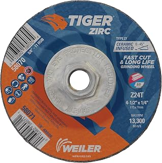 Weiler 58070 4-1/2" x 1/4" Tiger Zirc Type 27 Grinding Wheel, Z24T, 5/8"-11" UNC Nut (Pack of 10)