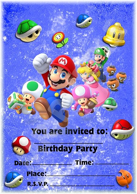 Super Mario Cast Birthday Party Invites - Portrait Design - Party Supplies / Accessories (Pack of 12 A5 Invitations) (WITH Envelopes)