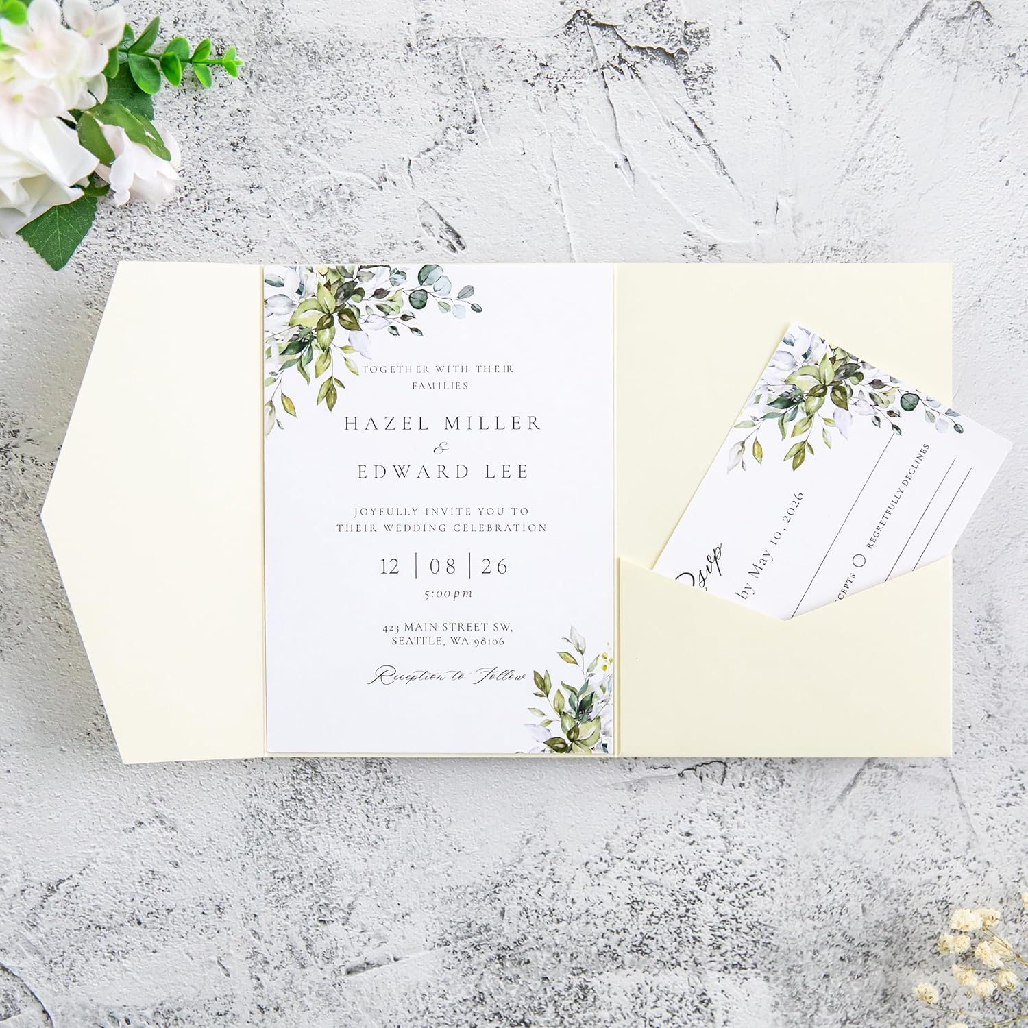 20Pcs 5.12x7.09 inch Tri-fold Wedding Invitation Cards for Quinceanera Bridal Shower Baby Shower Party Invite (Cream)
