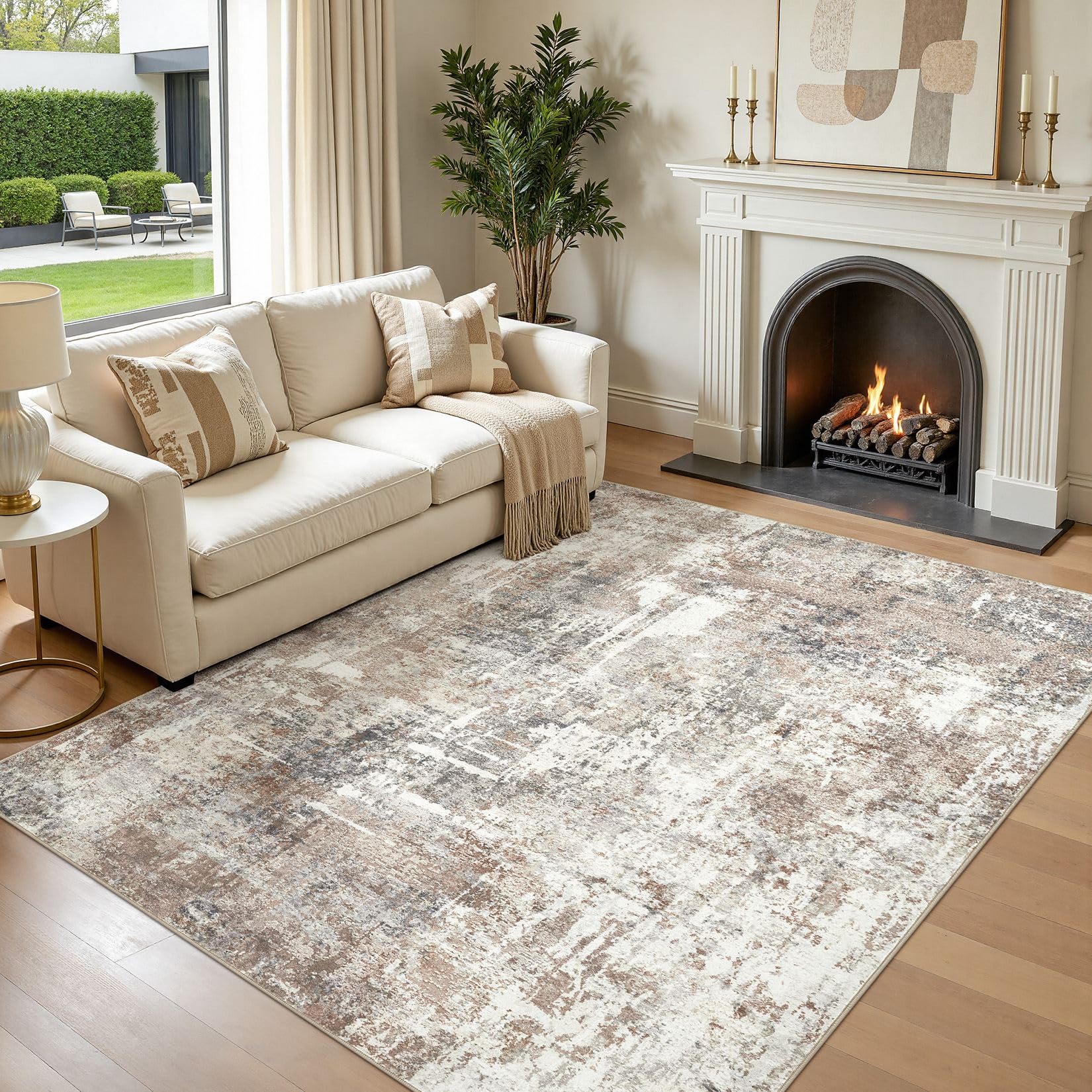 DMOYEST Teppich Wohnzimmer 160x230cm Abstrakt Grau Braun Modern Waschbar | Rutschfest und Weich, Kurzflor für Schlafzimmer Kinderzimmer Büro, Haustierfreundlich, Saugrobotergeeignet