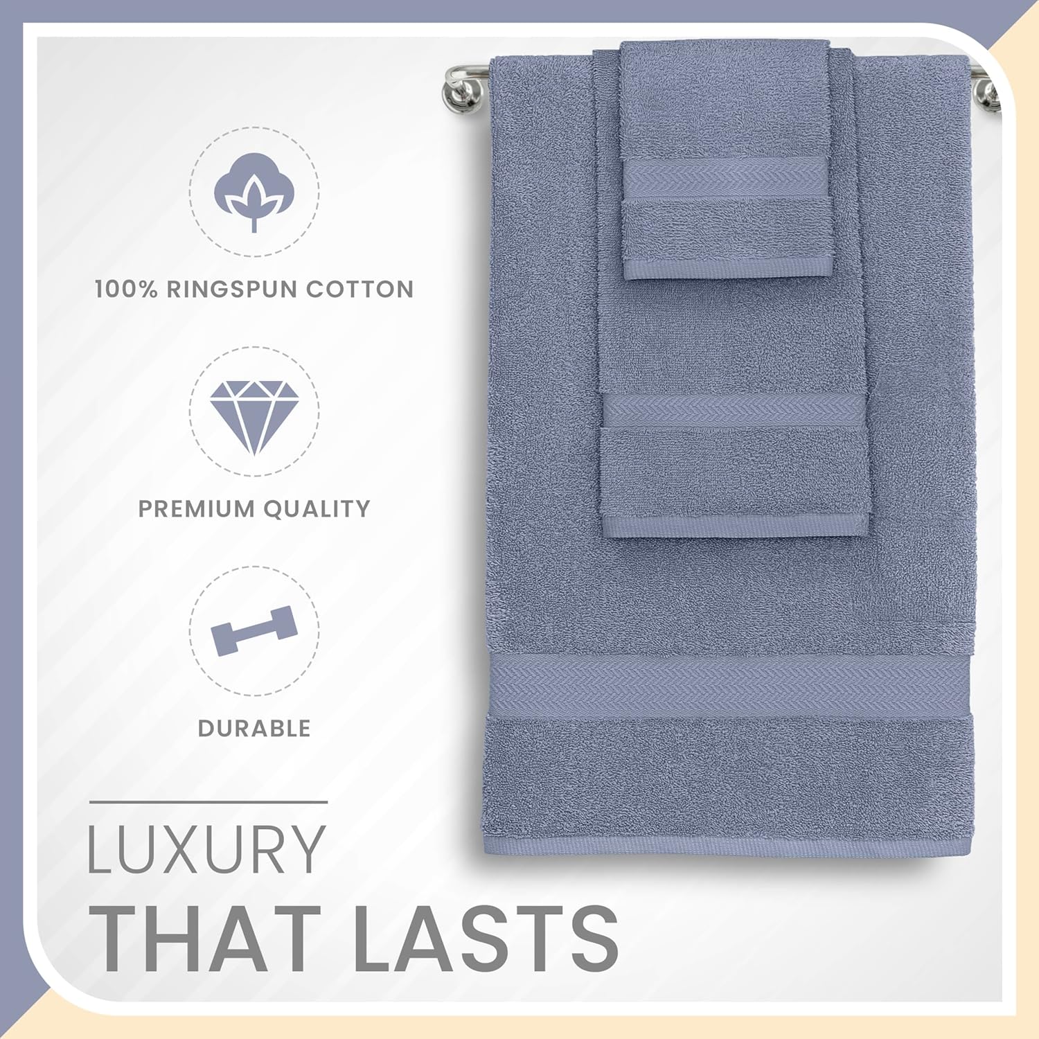 Martex 6-Piece 100% Ringspun Cotton Towel Set | Quick Dry | Super Absorbent & Soft | Lightweight | 2 Bath Towels | 2 Hand Towels | 2 Wash Cloths | Heather Blue