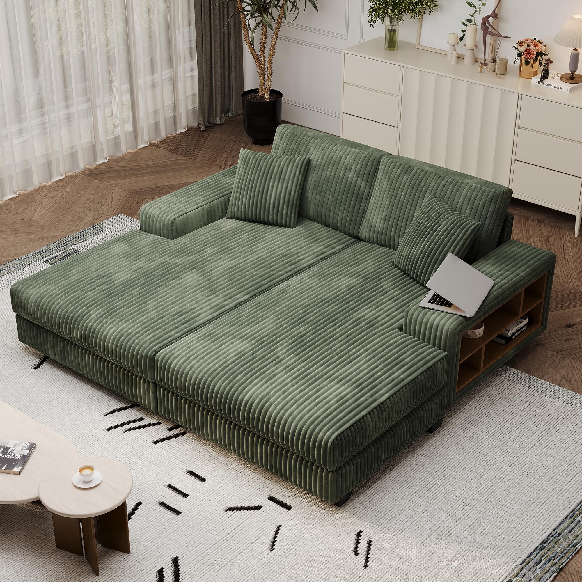 79.5" Oversized Double Chaise Lounge Chair Indoor, Modern Upholstered Sleeper Sofa Bed with 2 Storage Armrests & Throw Pillows, Comfy Fluffy Corduroy