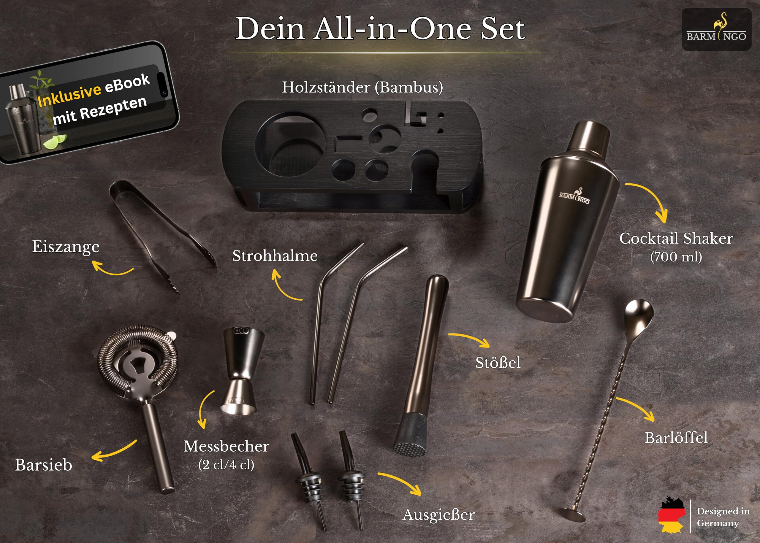 Edelstahl Cocktail Set 11tlg. – 700 ml Cocktail Shaker Set mit Ständer und Bar Zubehör, Cocktailshaker Set | Barkeeper Set | Cocktail Mix Set | Bar Set | Geschenkset | Schwarz