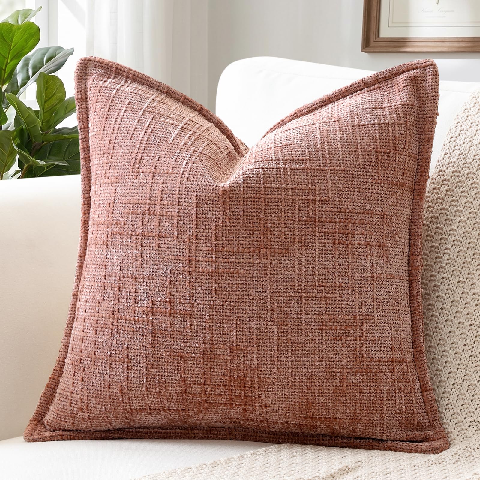 Sungeek Pink Chenille Textured Decorative Cushion Cover, Soft Cozy Bound Edge Design Cushion Case, Solid Farmhouse Square Pillow Case for Couch Sofa Bed Living Room, 50x50cm