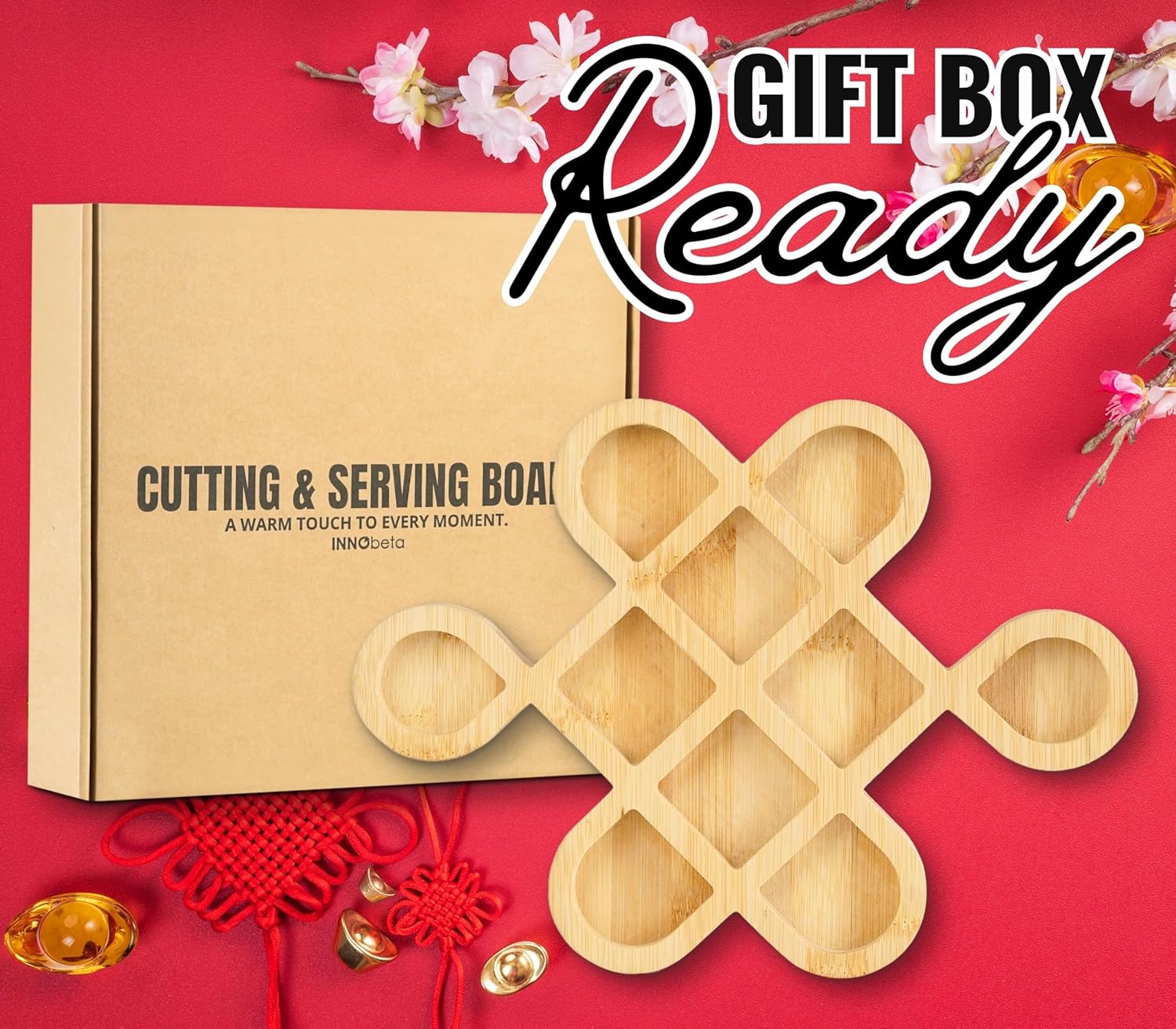 InnoBeta Chinese New Year 2026 Gifts Chinese Knot Shaped Charcuterie Board, 11.8 * 8.73 * 0.79 Inches Charcuterie Cheese Wood Cutting/Serving Board Set with 4 Matching Spreaders