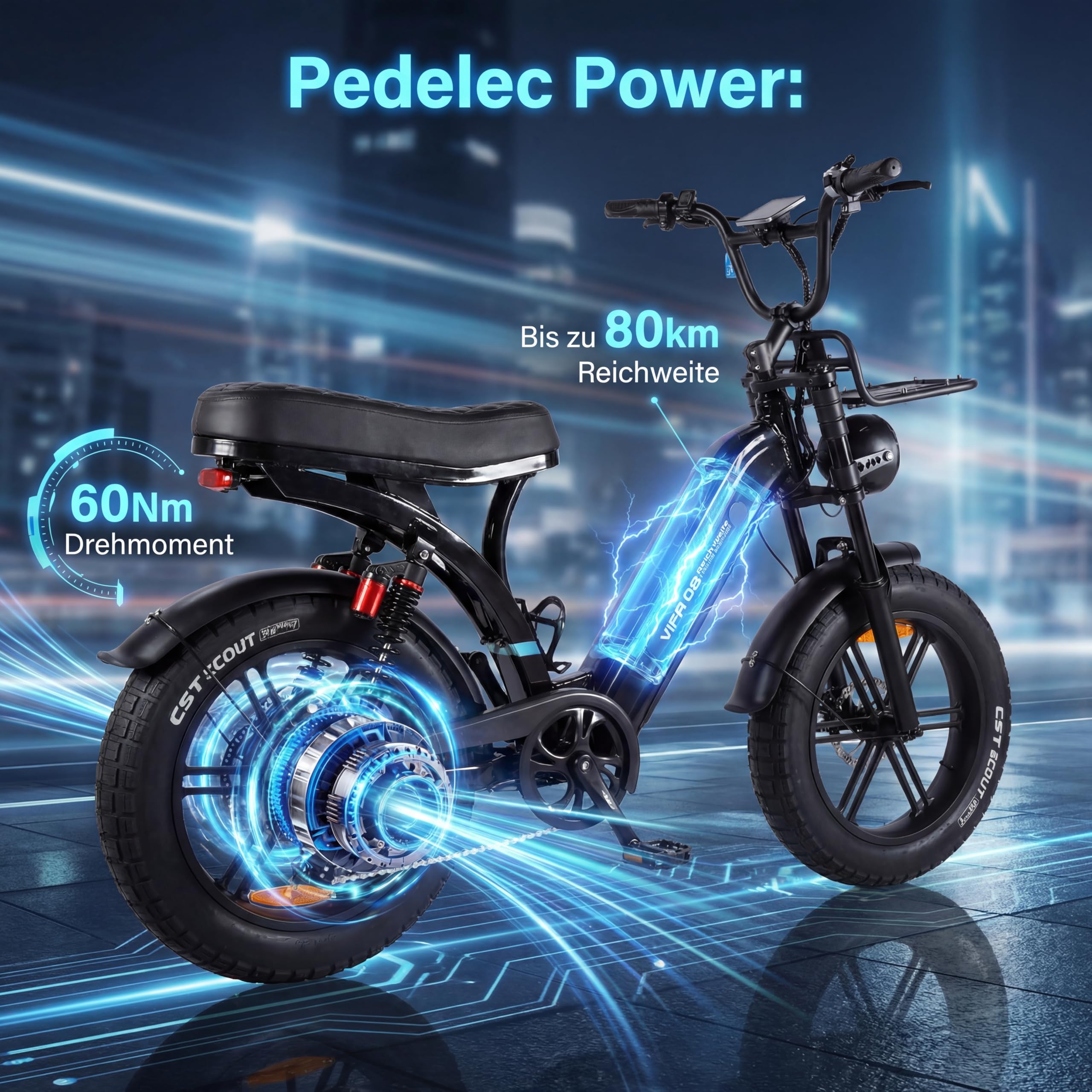 OUXI Q8 E-Bike 20 Zoll Fatbike Elektrofahrrad Pedelec, 250W Motor 60Nm, 48V 15Ah Akku 60-80km, Hydraulische Scheibenbremsen, Vollfederung, Blinker & Frontgepäckträger
