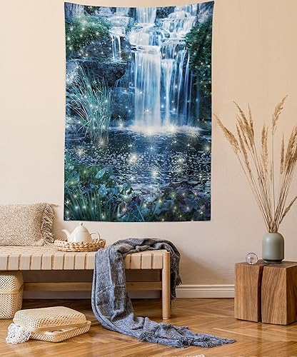 Ambesonne Tapiz mágico y estampado en cascada en la noche en el agua, paisaje fresco, colgante de pared para dormitorio, sala de estar, dormitorio,