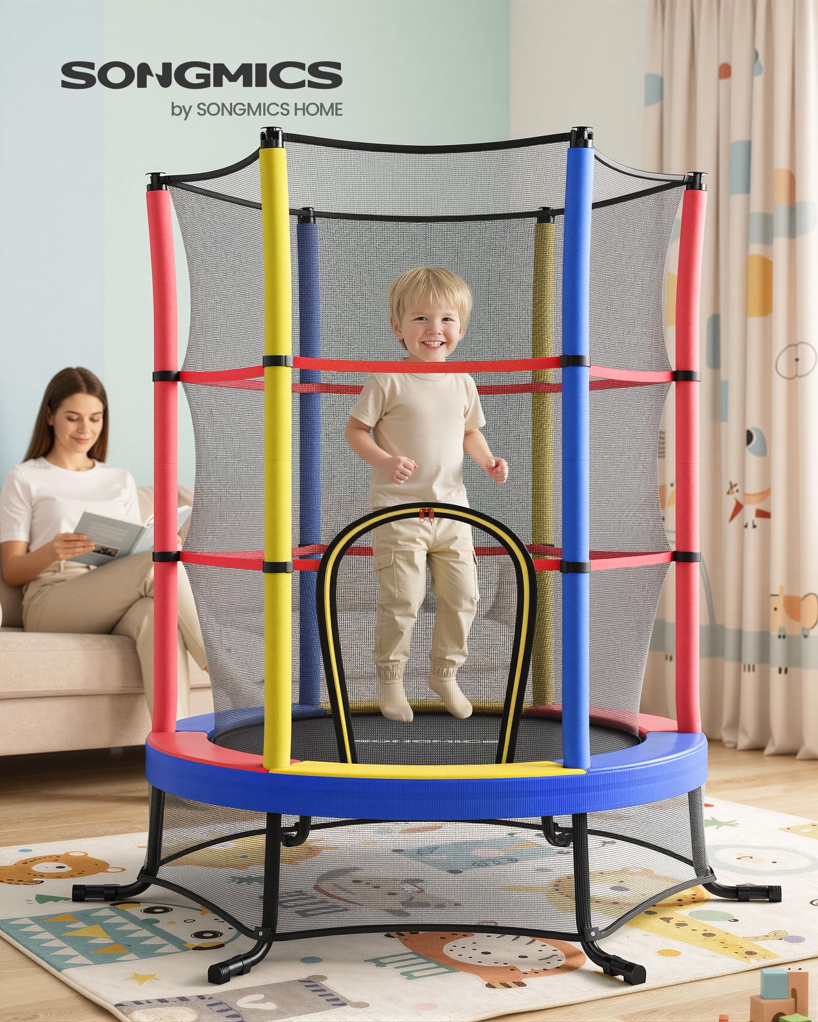 SONGMICS Trampolino per Bambini, Diametro 174 cm, con Recinto di Protezione, Tappeto di Sicurezza, Trampolino Fitness, Telaio in Acciaio, per Interni, Esterni, Giardino