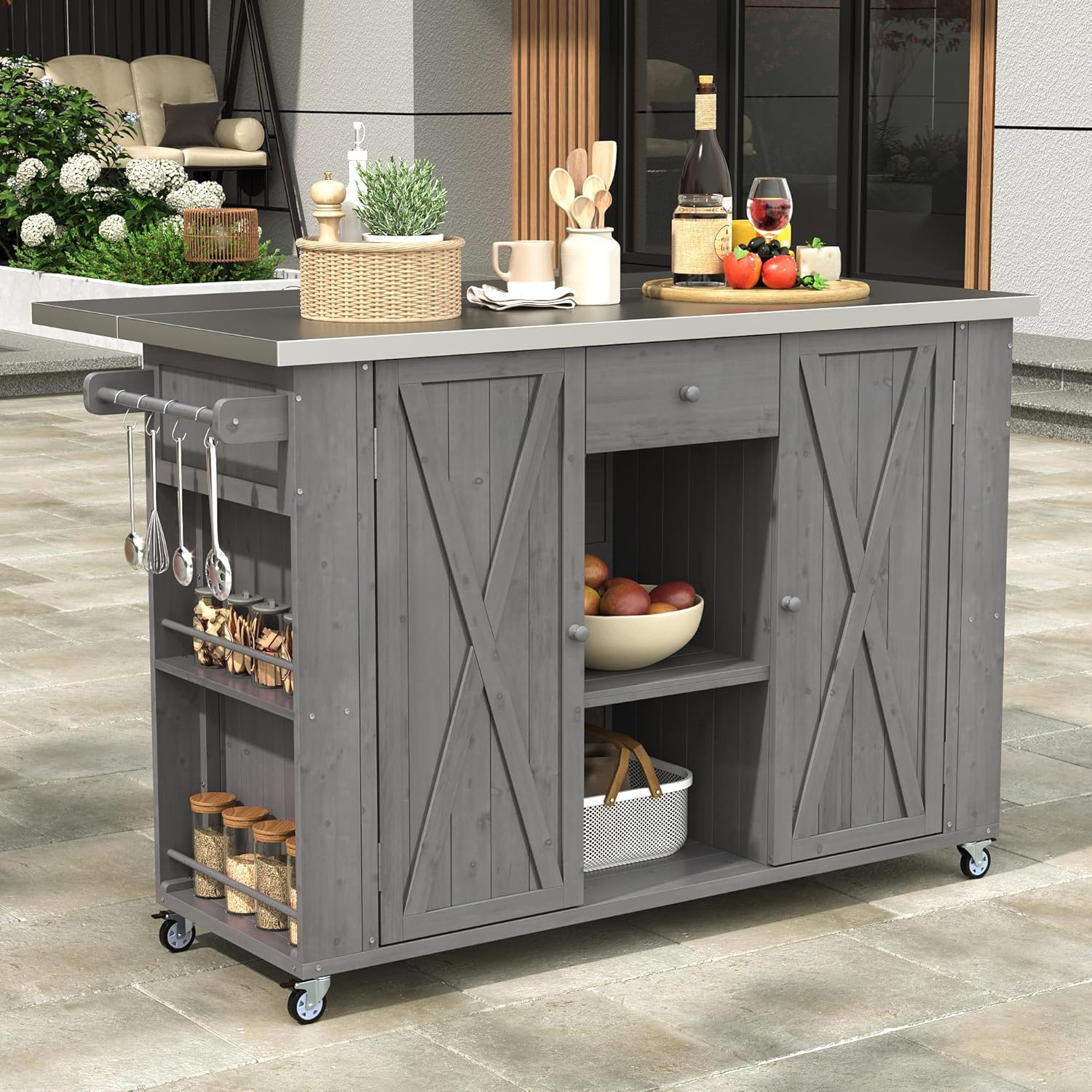 P PURLOVE Outdoor Kitchen Island with Stainless Steel Top and Ample Storage Space, Fir Wood Kitchen Cabinet with Towel, Spice Racks and a Bottle Opener for Outdoor, Grey