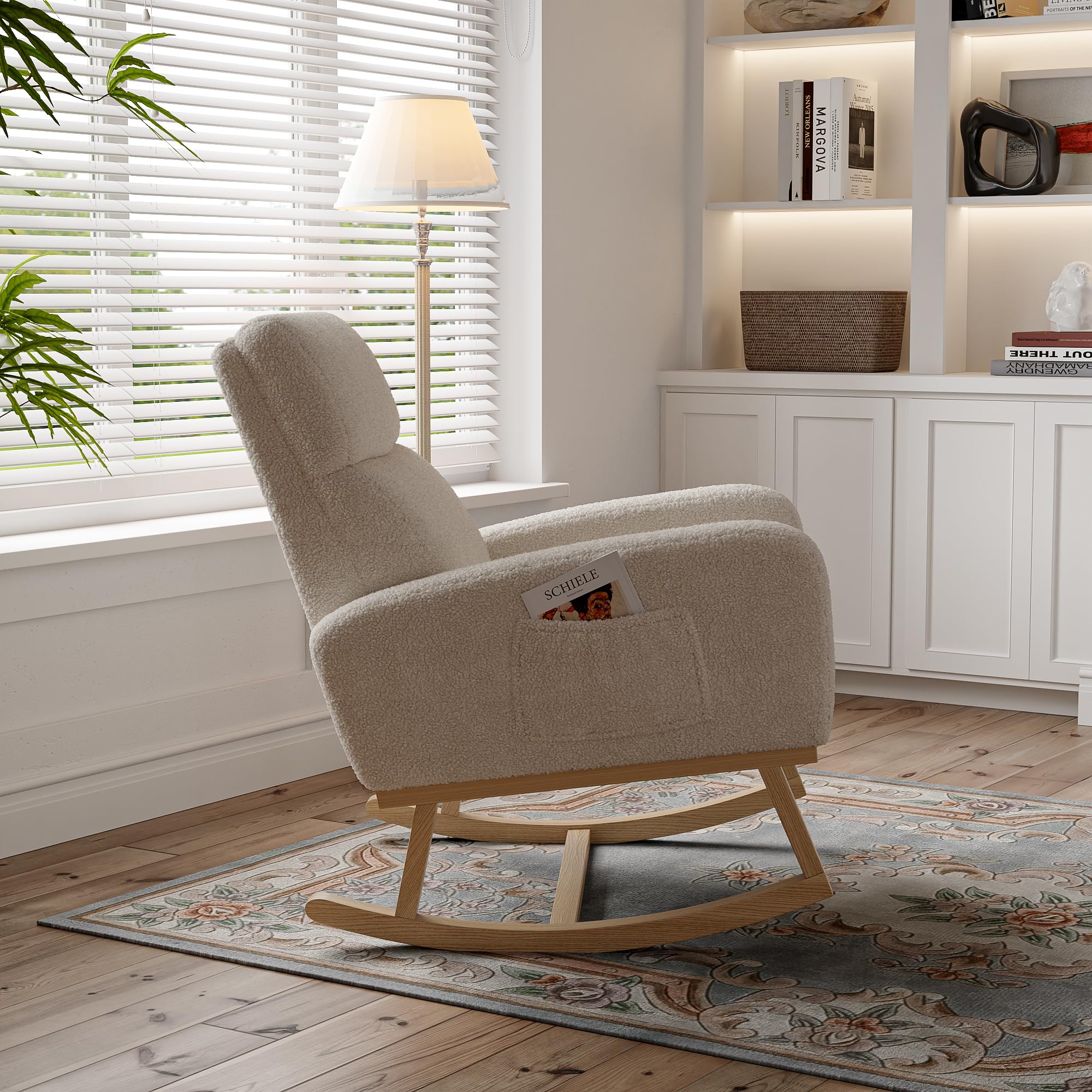 Schaukelsessel, Stillsessel, Schaukelstuhl, aus Stoff mit Wolleffekt, Relaxsessel mit Holzrahmen und Seitentasche, für Wohnzimmer, Schlafzimmer, massiv (beige)