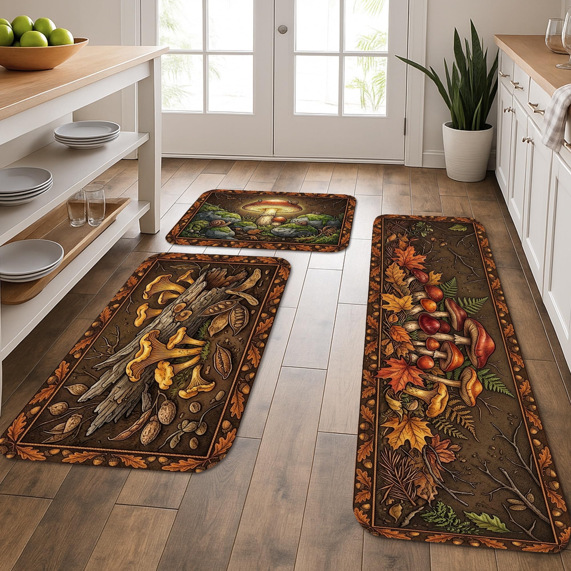 Lot de 3 tapis de cuisine rustiques aux motifs de feuilles et glands pour évier