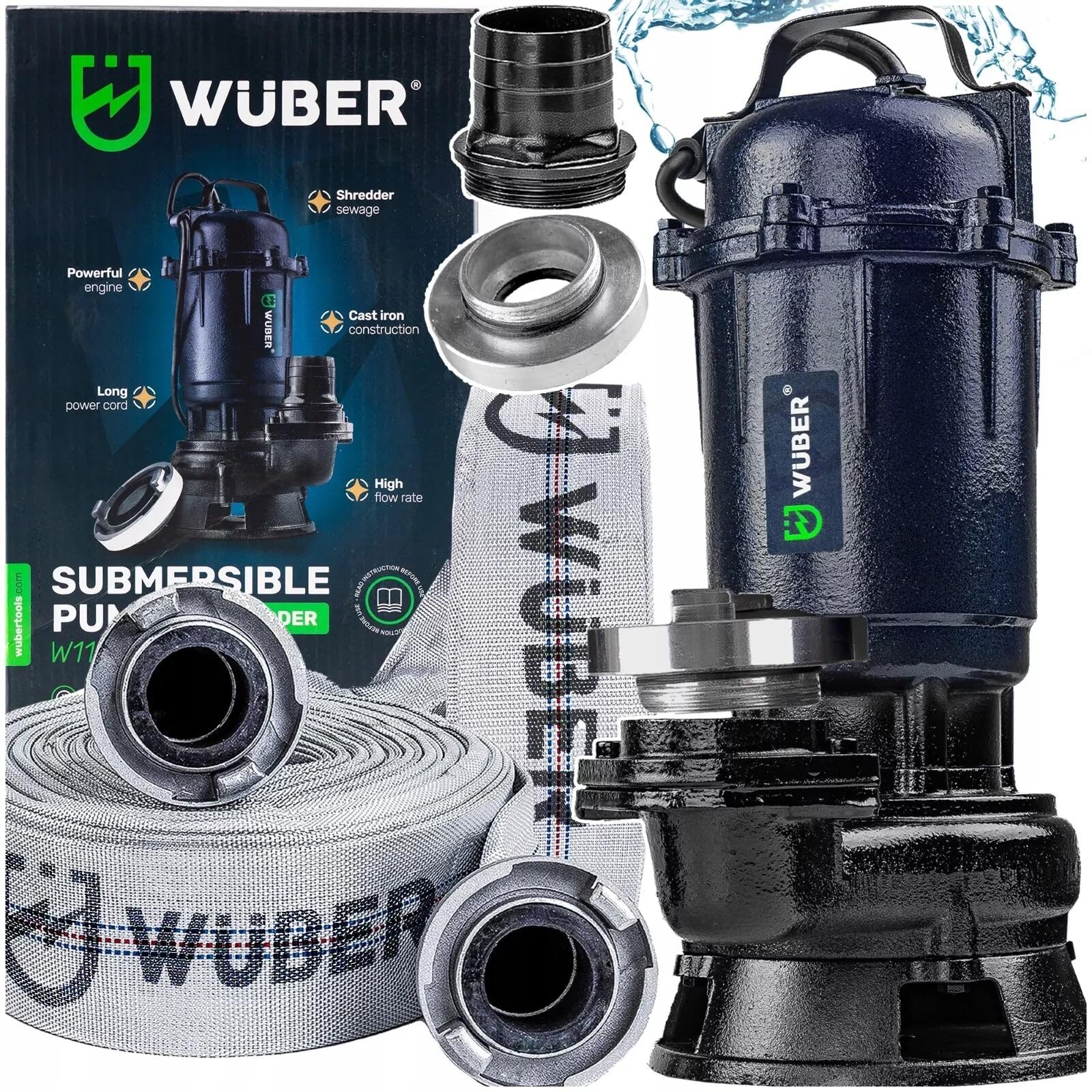 Bomba vacía sótano séptico con molino de agua + manguito 2" 30M WUBER 2500W 18000L/H