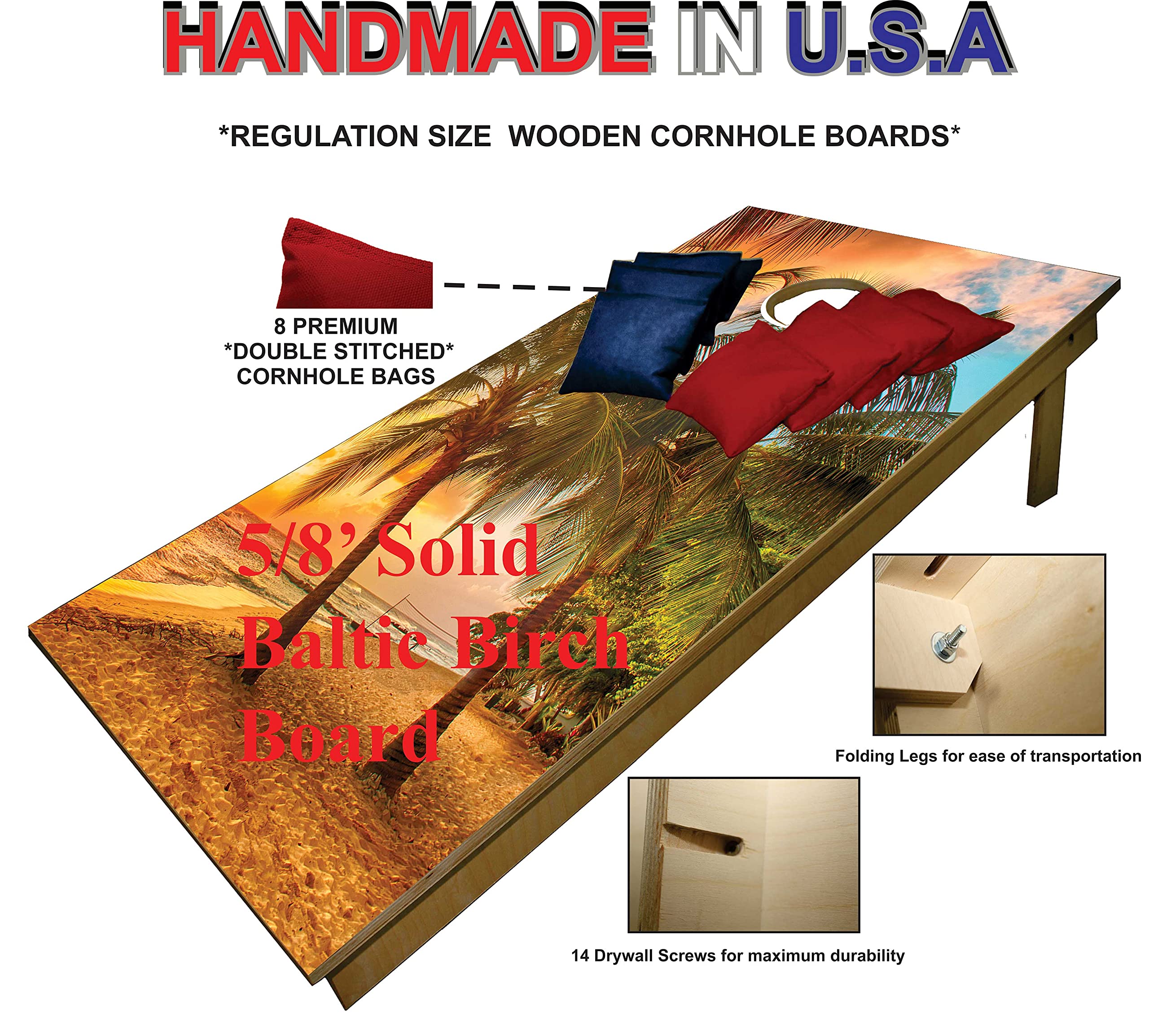 Premium Cornhole Set - Beach Sunset Tailgate Cornhole Boards w Set of 8 Cornhole Bags! 739