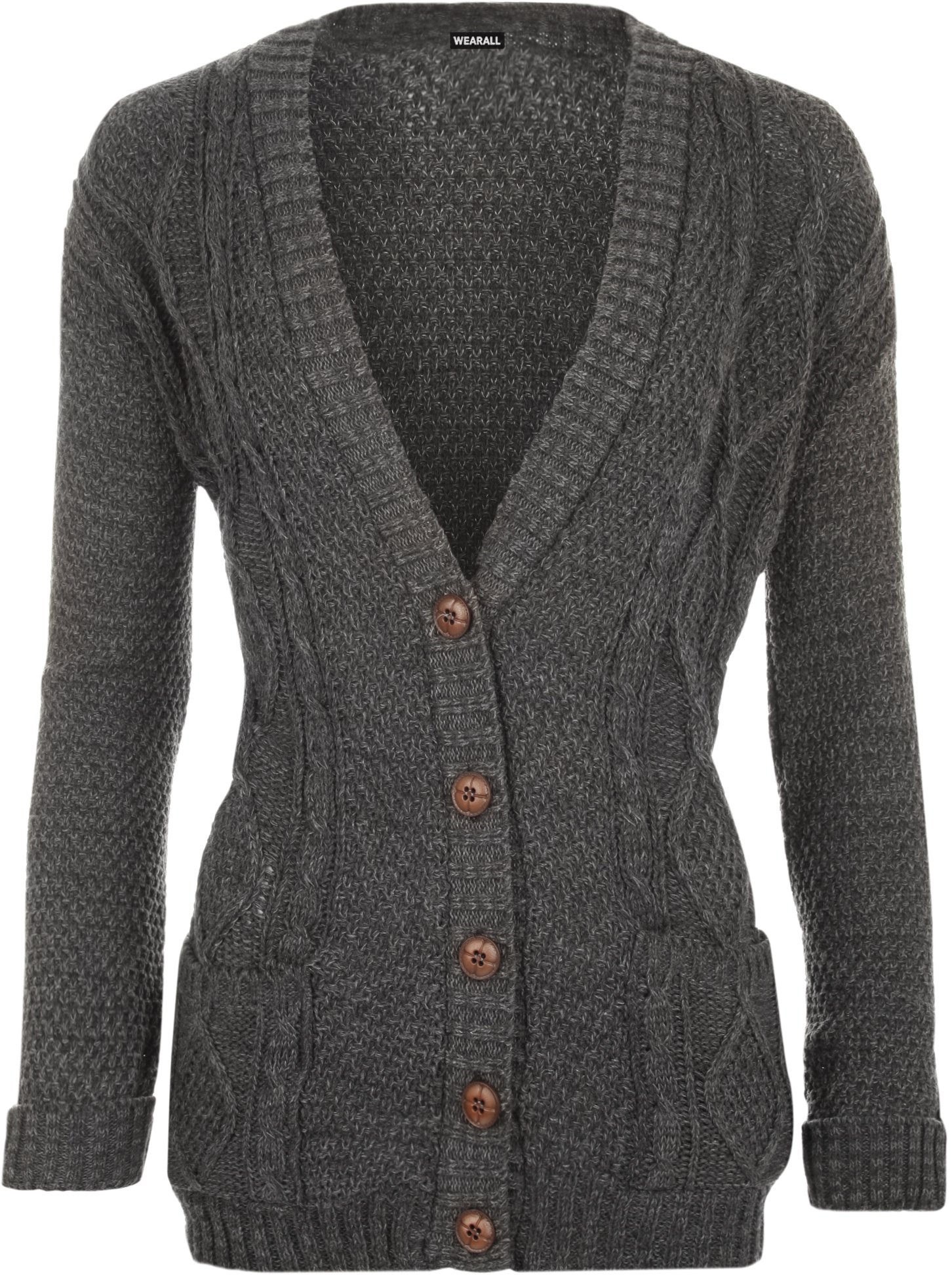 Wearall Women's Dark Grey Cable Knitted Button Cardigan Long Sleeve Boyfriend Top - 20-22
