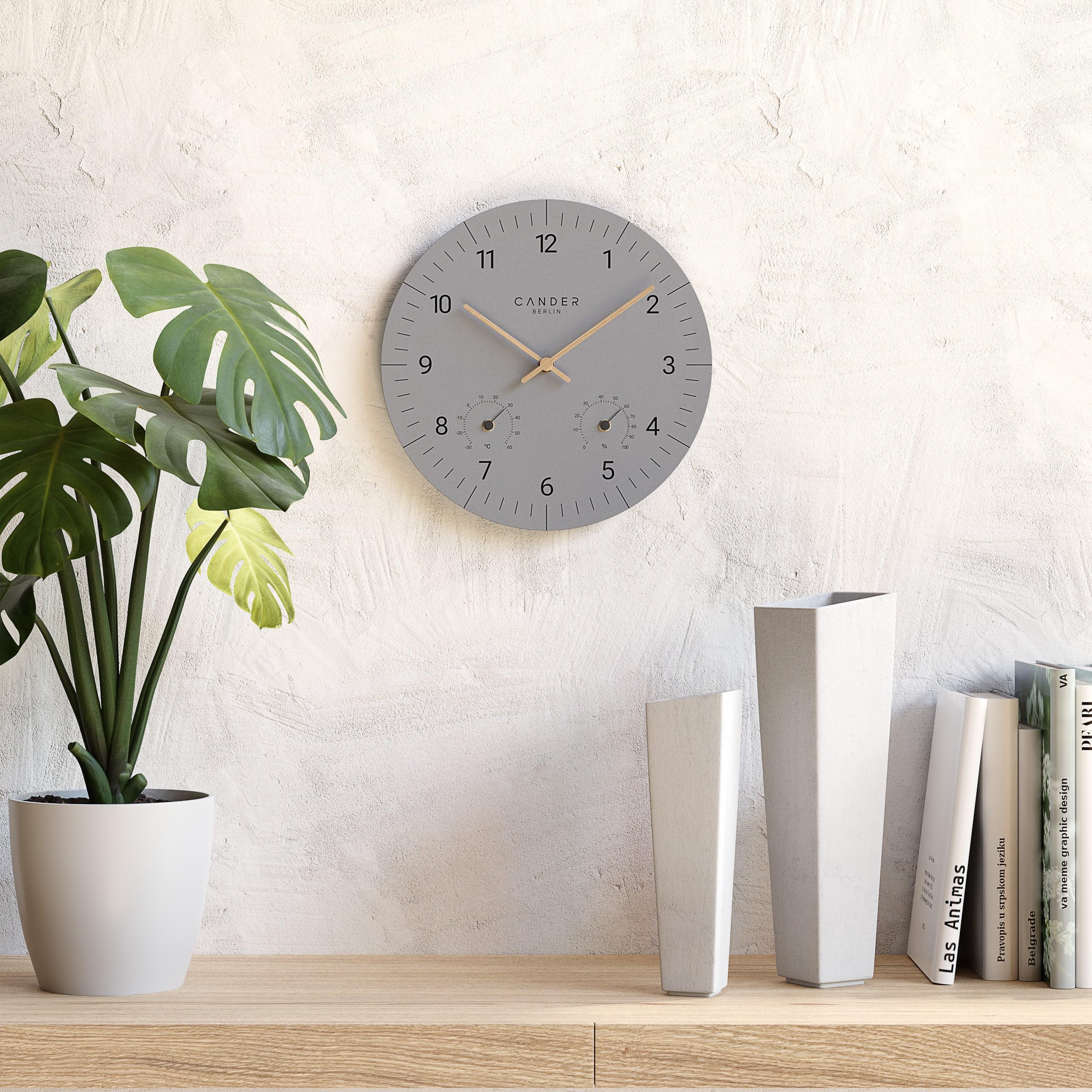 Cander Berlin MNU 2630 X Wanduhr MDF lautlos ohne Tickgeräusche 30 cm Temperatur Luftfeuchtigkeit analog grau Holzzeiger