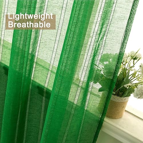 Miniatura 7 de Tony's collection Juego de 2 paneles de cortinas traslúcidas verdes de 84 pulgadas de largo, elegantes rayas 540D con ojales en la parte superior,