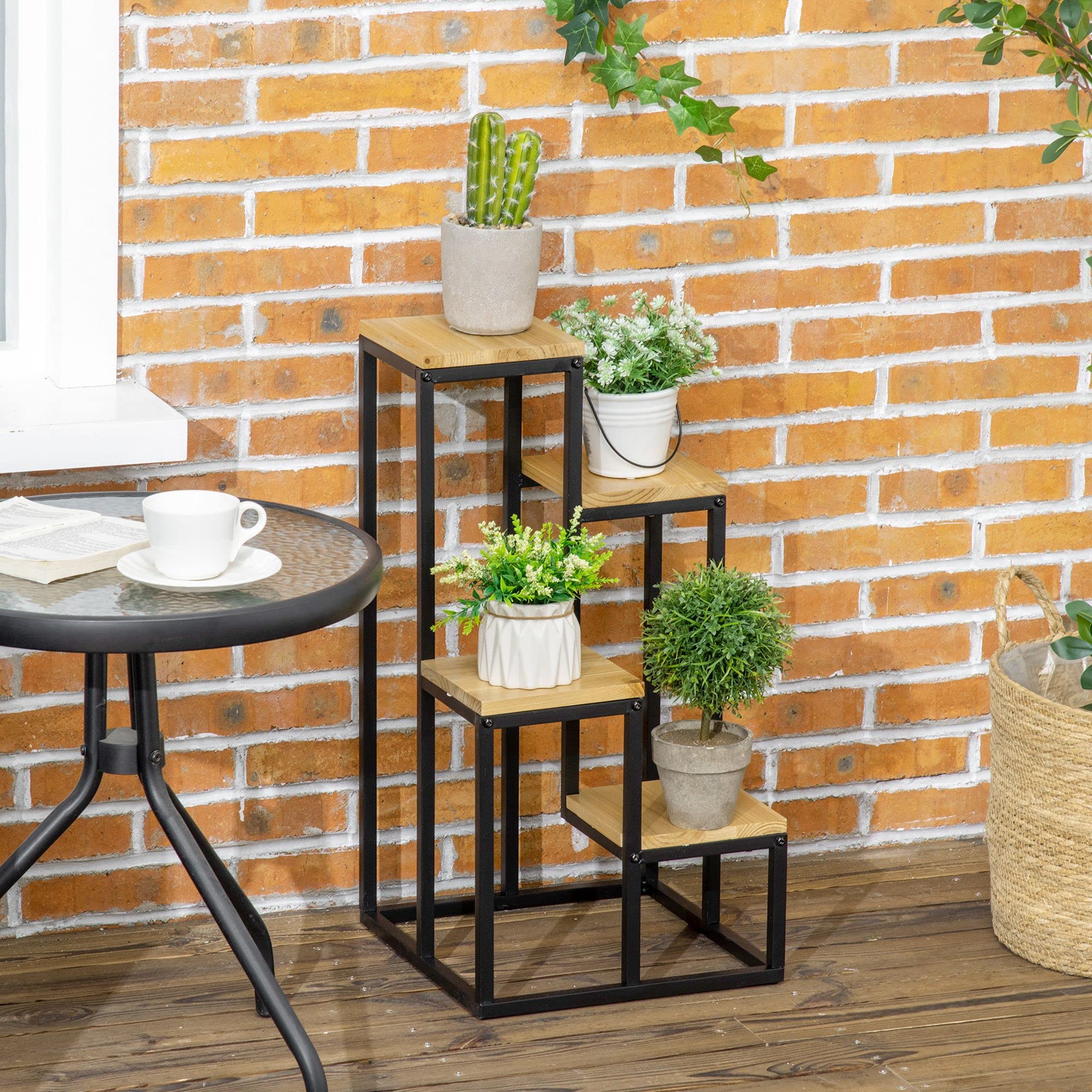 Outsunny Support pour Plantes Étagère à Fleurs 4 Étagères Différentes Hauteurs Structure Acier - 34 x 34 x 66 cm