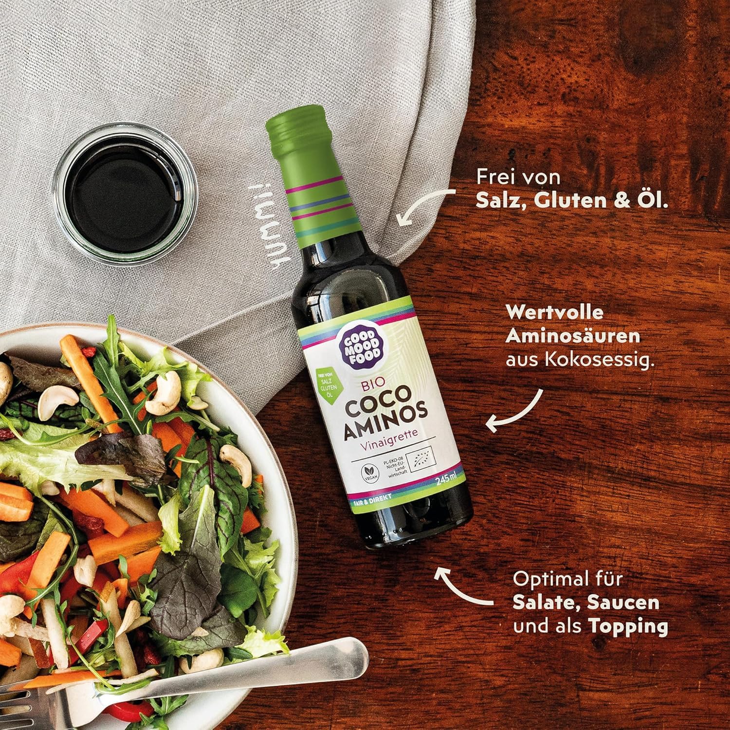 Goodmoodfood Bio Coco Aminos Vinaigrette 2x245ml - Vegan, Glutenfrei, Ölfrei, Salzfrei, 100%Bio Naturprodukt von den Philippinen, aus Kokosblütenessig & Kokosblütensirup - Dressing, Marinade, Topping