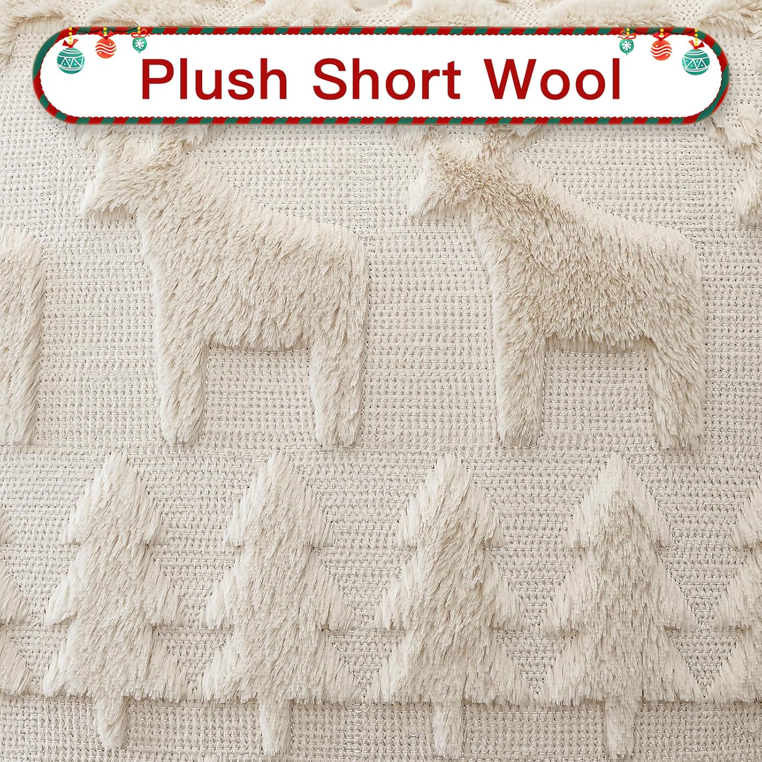 OTOSTAR Set of 1 Xmas Soft Plush Short Wool Velvet Decorative Throw Pillow Covers Square Luxury Style Cushion Case Pillow Shell for Sofa Bedroom Christmas Tree and Elk Cream Beige, 14x14 Inch - Image 2