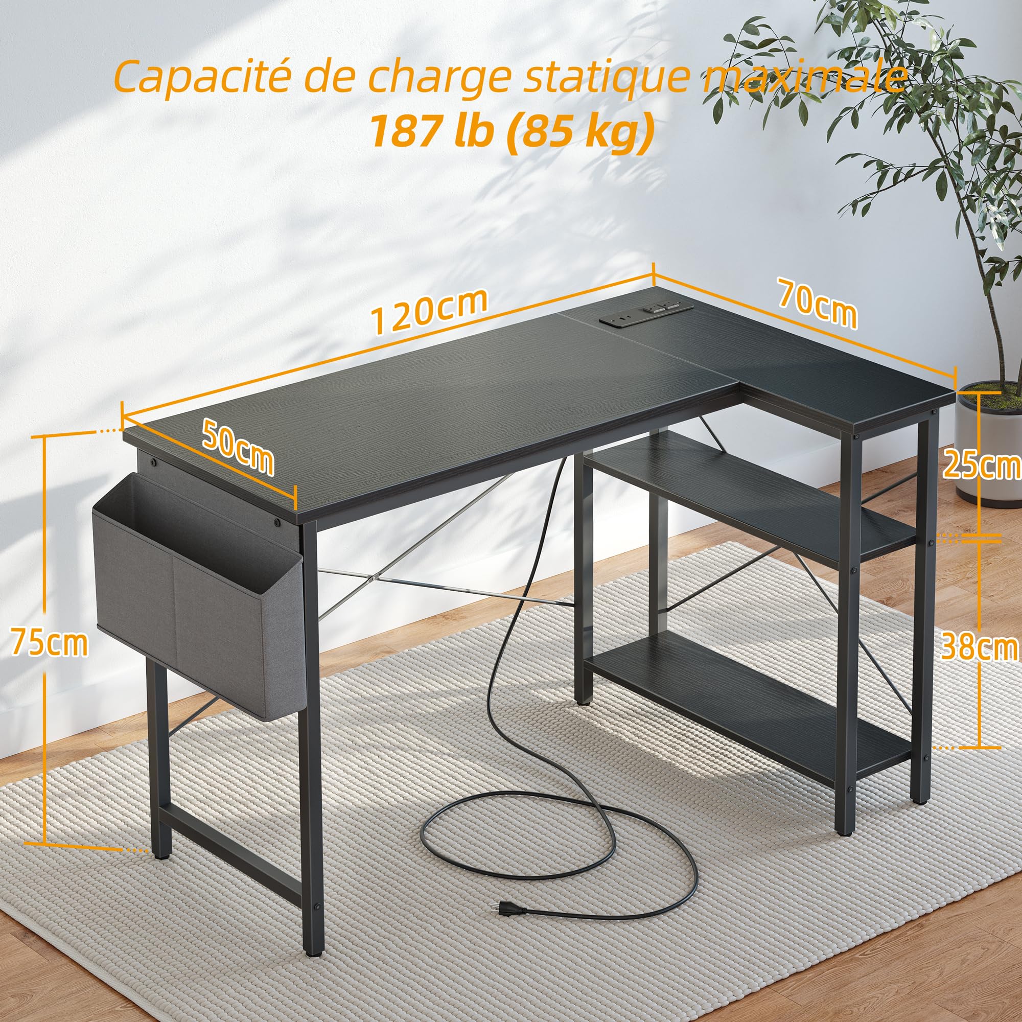 BEXEVUE Bureau D'Angle Avec Multiprise Intégrée - 140x70 Cm Table Ordinateur Forme L Étagères Rangements Réversible, Bureau Informatique Noir Pour Maison Et Étude