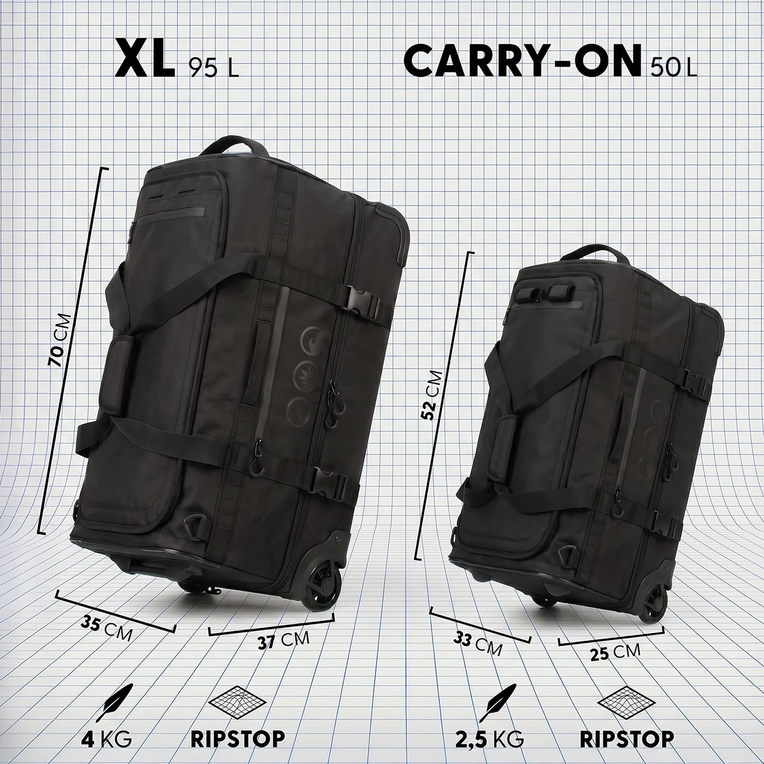 XL Reisetasche mit Rollen 3-in-1 Rucksack und Trolley wasserabweisend | Flow mit Schuhfach und Schutzecken für Herren & Damen | XL Reise-Rucksack aus hochwertigem Ripstop schwarz