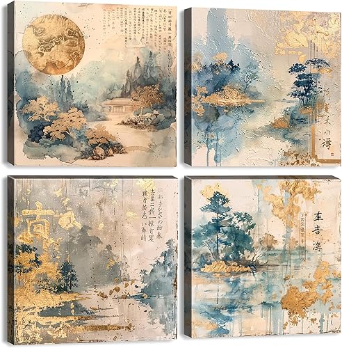 Arte de pared japonés vintage abstracto dorado fluido, impresiones de pintura de paisaje natural, decoración de pared para sala de estar, paisaje de