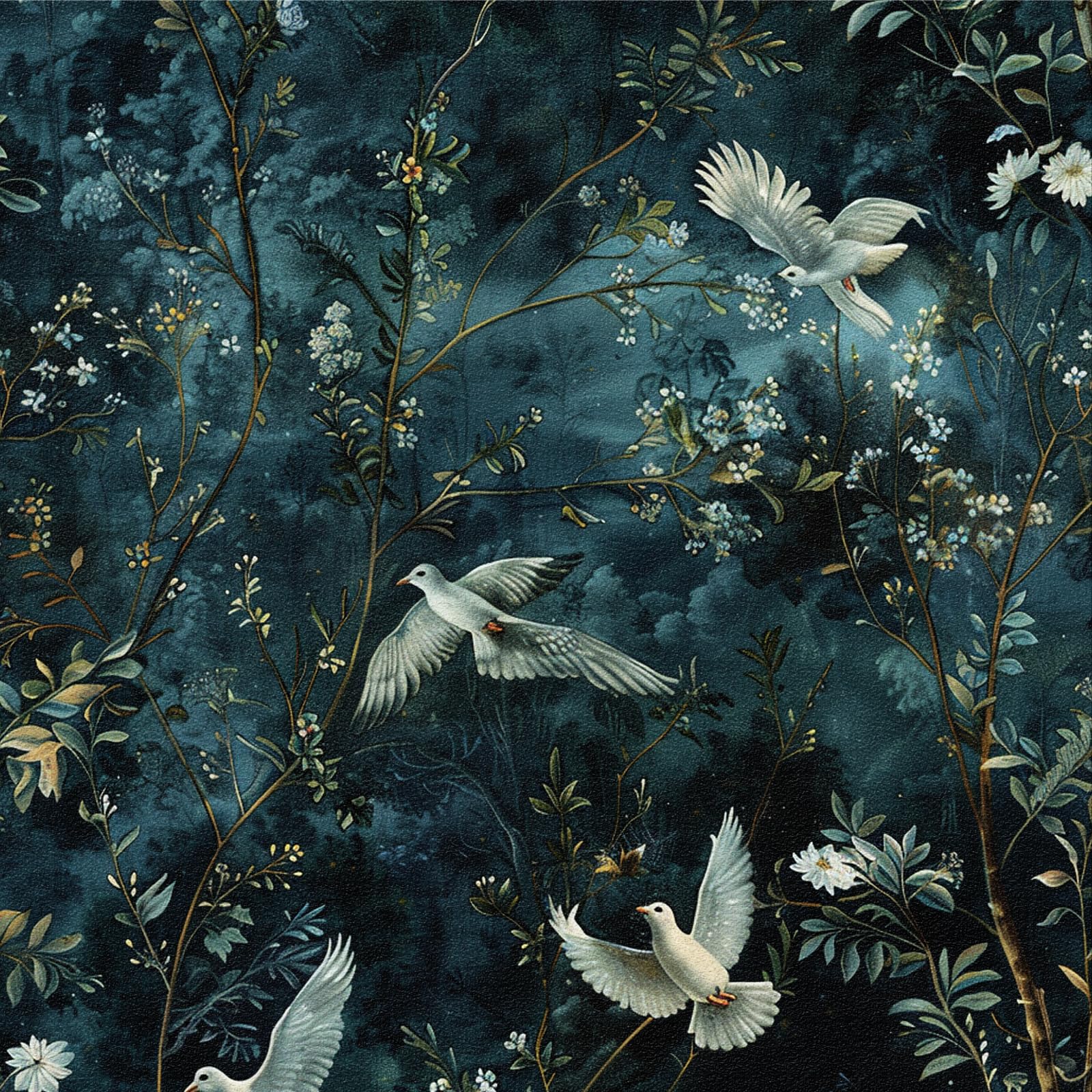 Dark Blue Forest Self Adhesive Wallpaper, 44 x 1000 cm Tropical Jungle Peel and Stick Wallpaper White Dove Flower Birds Tree Plants Self Adhesive Furniture Wrap for Living Room,Bathroom,Cabinets โ image 1