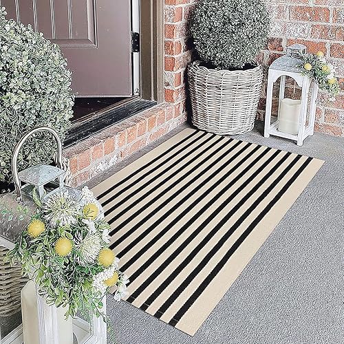Miniatura 2 de KOZYFLY Alfombra de porche a rayas negras y beige de 27.5 x 43 pulgadas, alfombra lavable para puerta delantera, alfombra de algodón a rayas para
