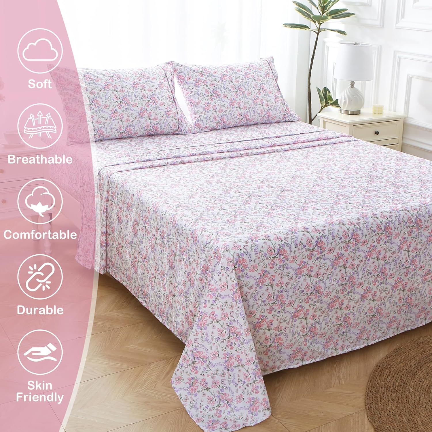 Mooreeke Cozy Vintage Microfiber Printed Queen Sheet Set - Soft Breathable Percale Cotton Floral Bed Sheets with Deep Pocket - Non-Slip Fitted Design - Pink Purple Flowers Pattern - Image 3