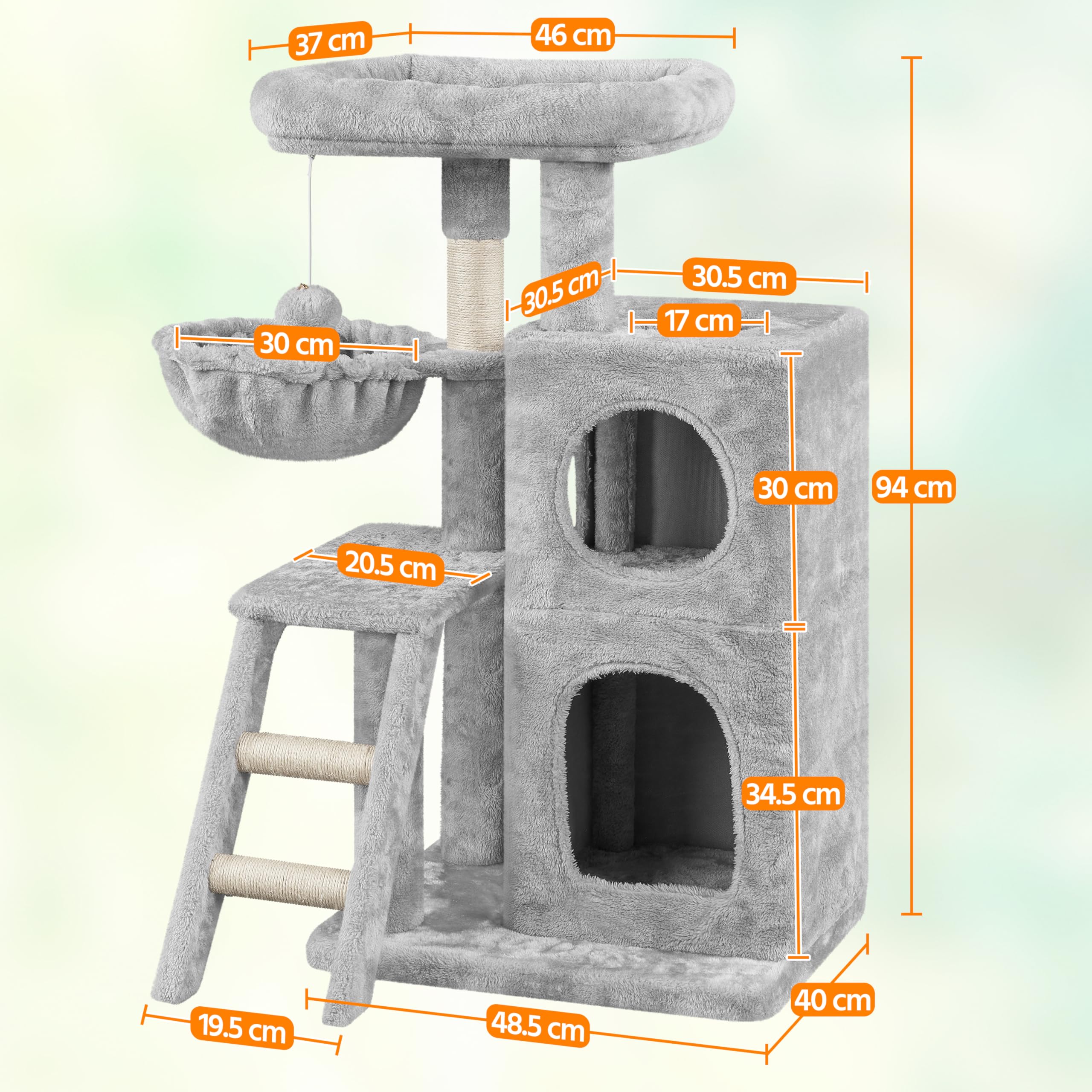 Yaheetech Árbol de Escalada para Gatos con Escalera, Torre de Gatos Grandes Gris Claro 94 cm