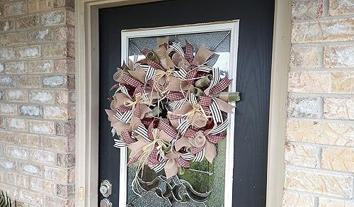 Miniatura 5 de Country Primitive Burgundy Gingham Fall Ribbon Deco Mesh Front Door Wreath, Porch Patio Decor, Home Garden Decoration, Unique Housewarming Birthday